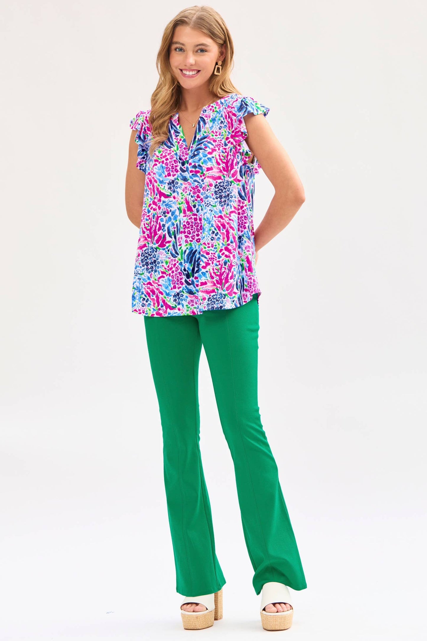 Navy and Pink Floral Ruffle Sleeve Tank Top
