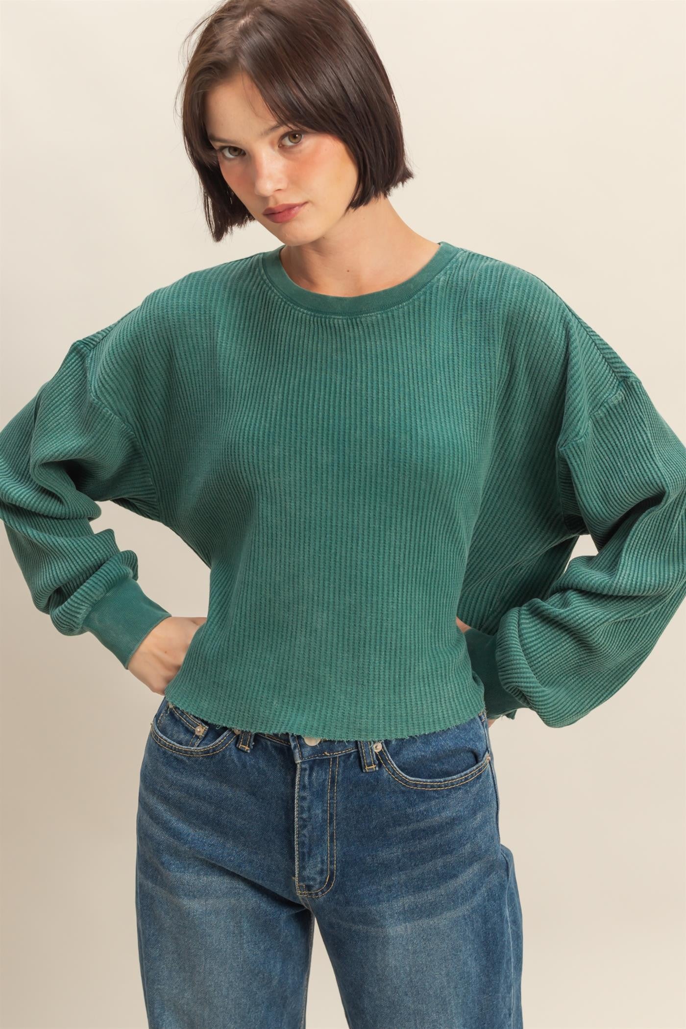 Green Mineral Washed Ribbed Top