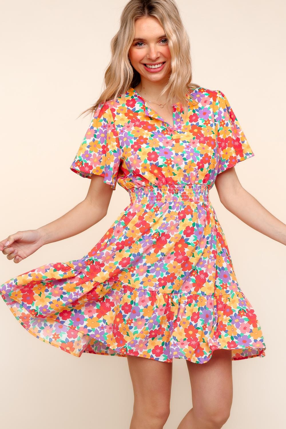 Bold Floral Smocked Waist Dress