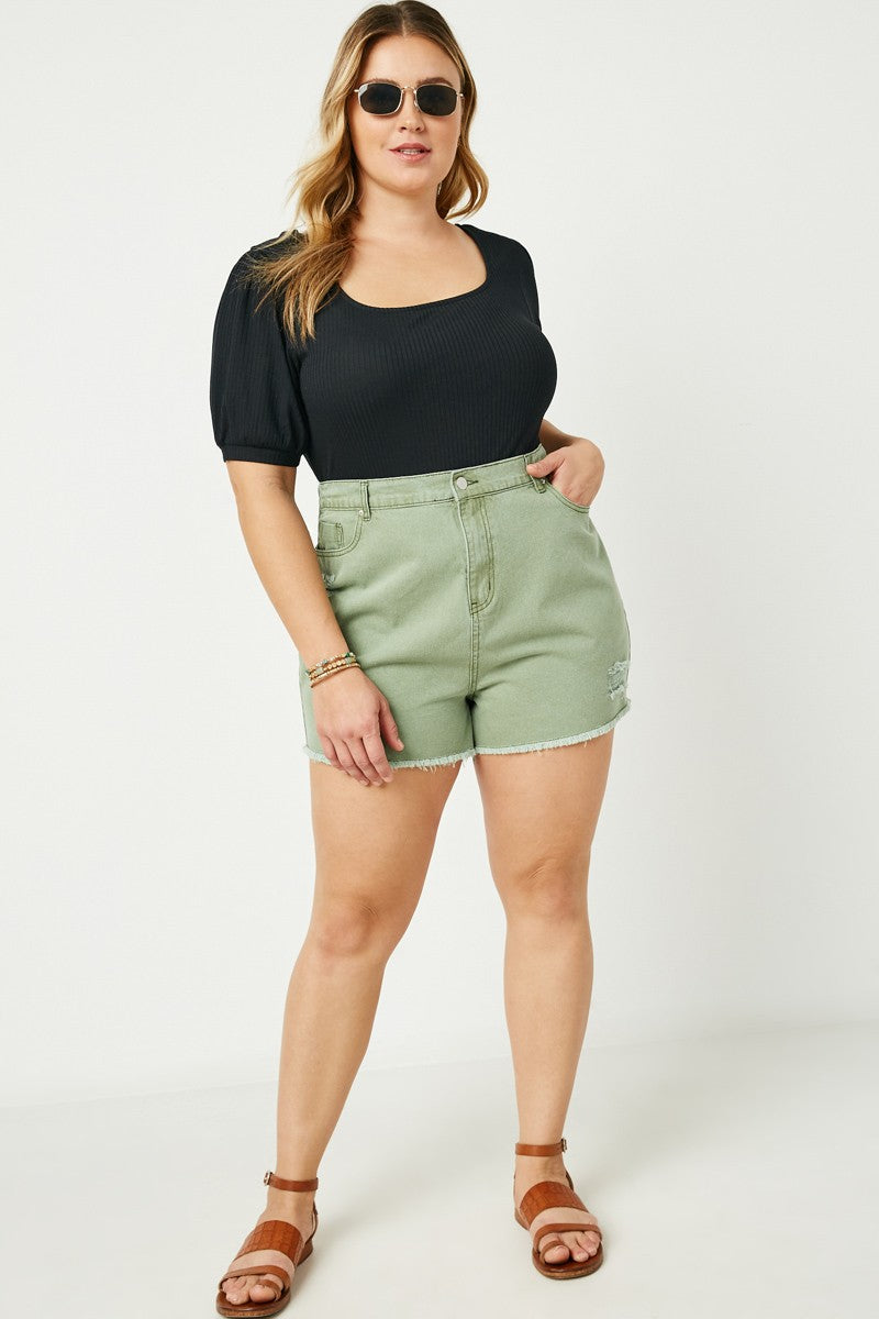 Light Olive Distressed Jean Shorts