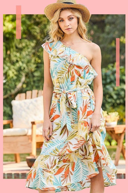One Shoulder Tropical Print Dress