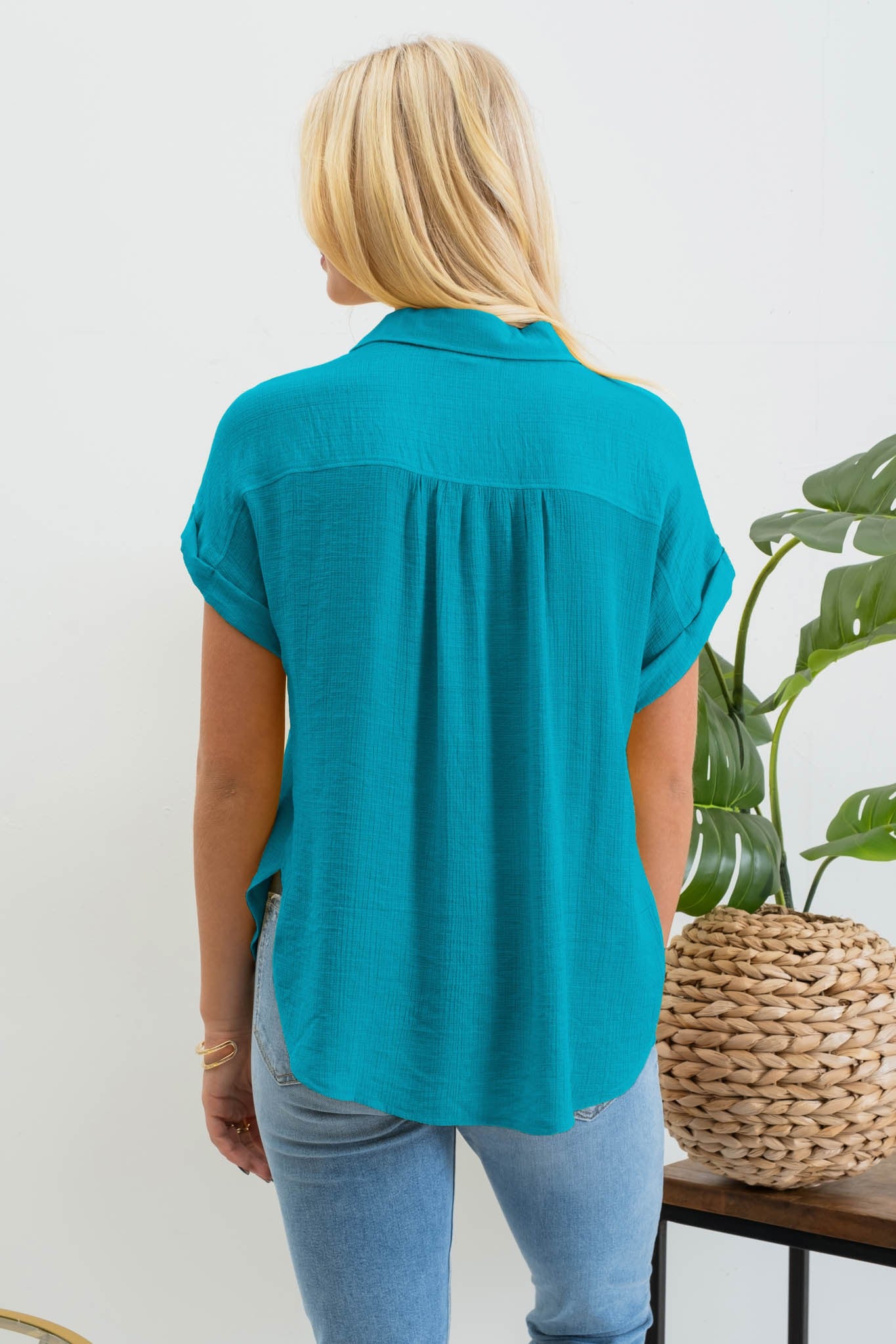 Teal Linen Short Sleeve Top