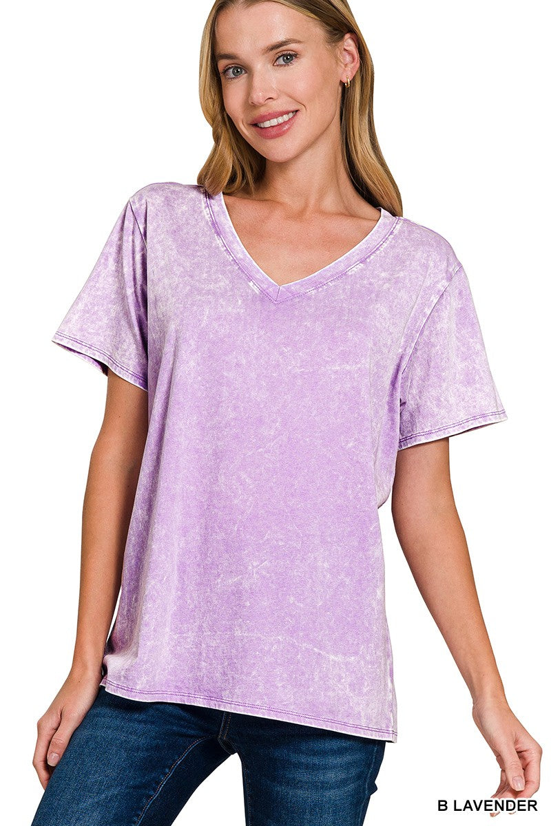 Lavender Acid Wash V-Neck Short Sleeve Top