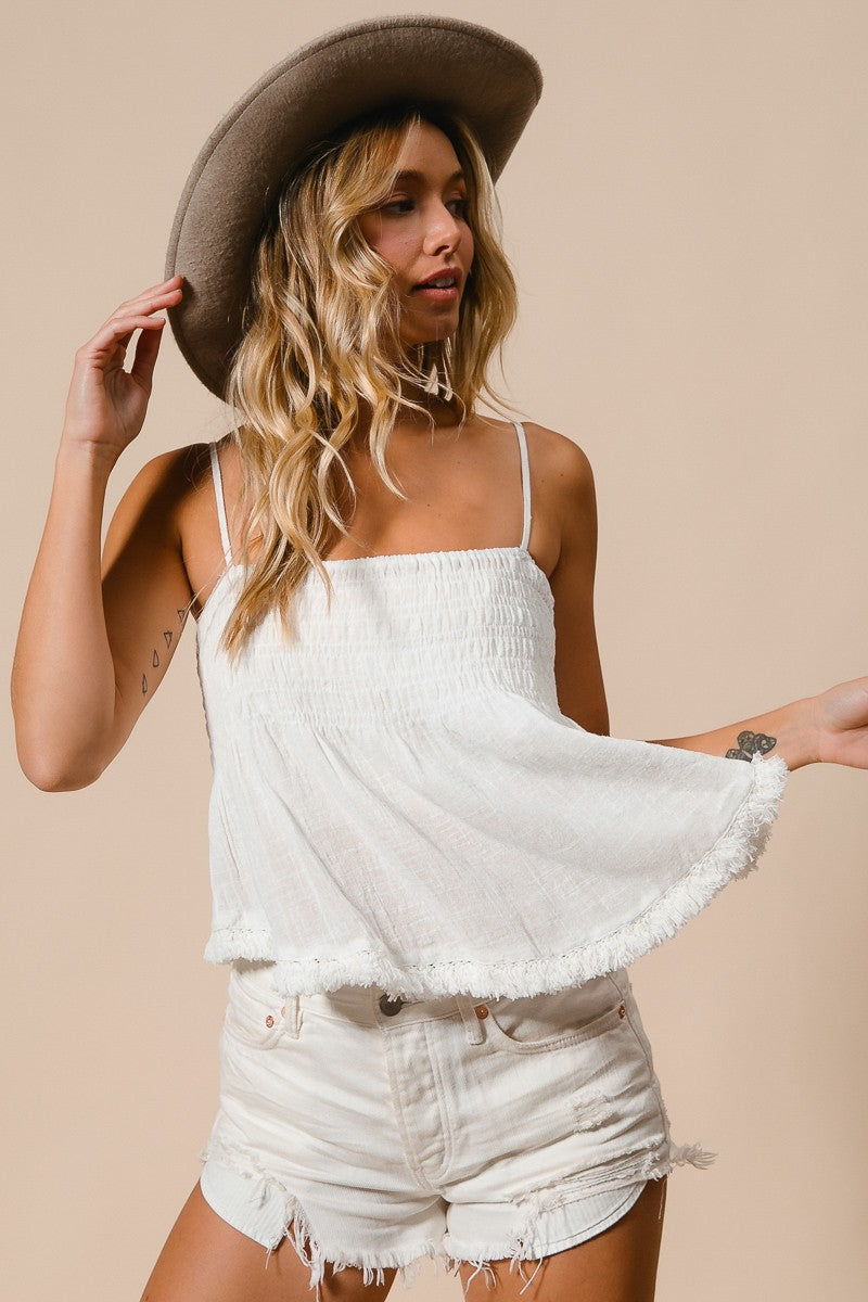 Off White Fringed Smocked Tank