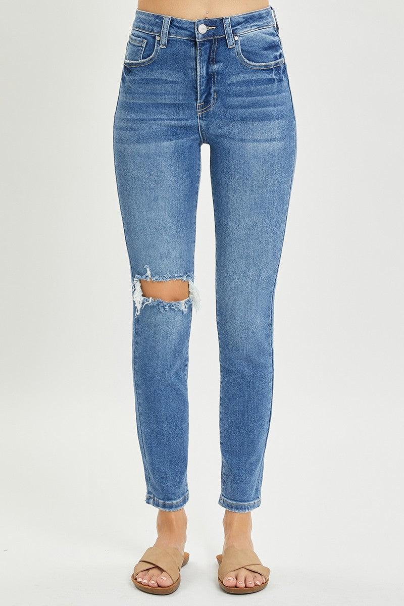 Risen High Rise Knee Distressed Ankle Skinny