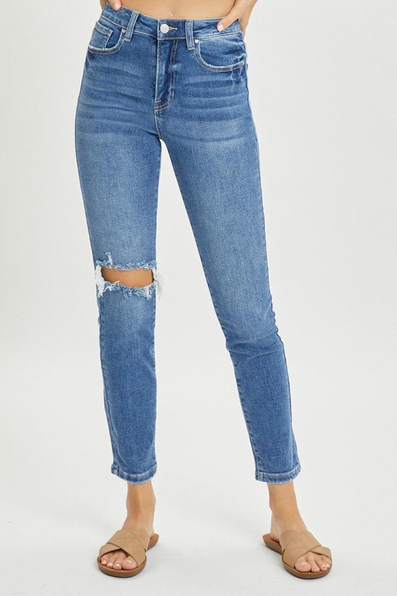 Risen High Rise Knee Distressed Ankle Skinny