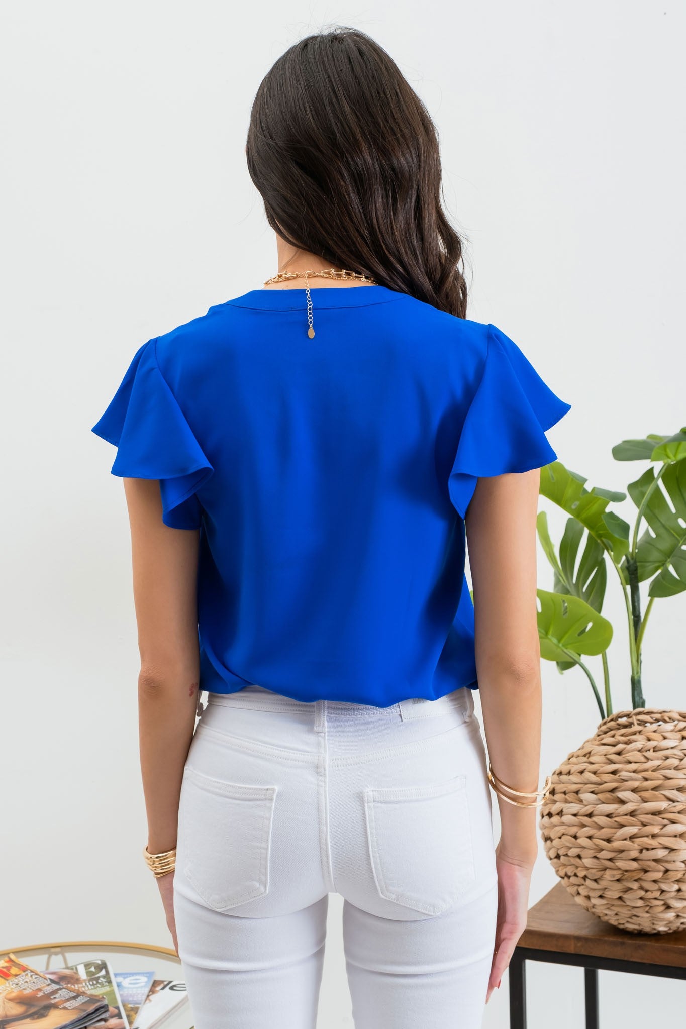Royal Blue Pleated Ruffle Sleeve Top