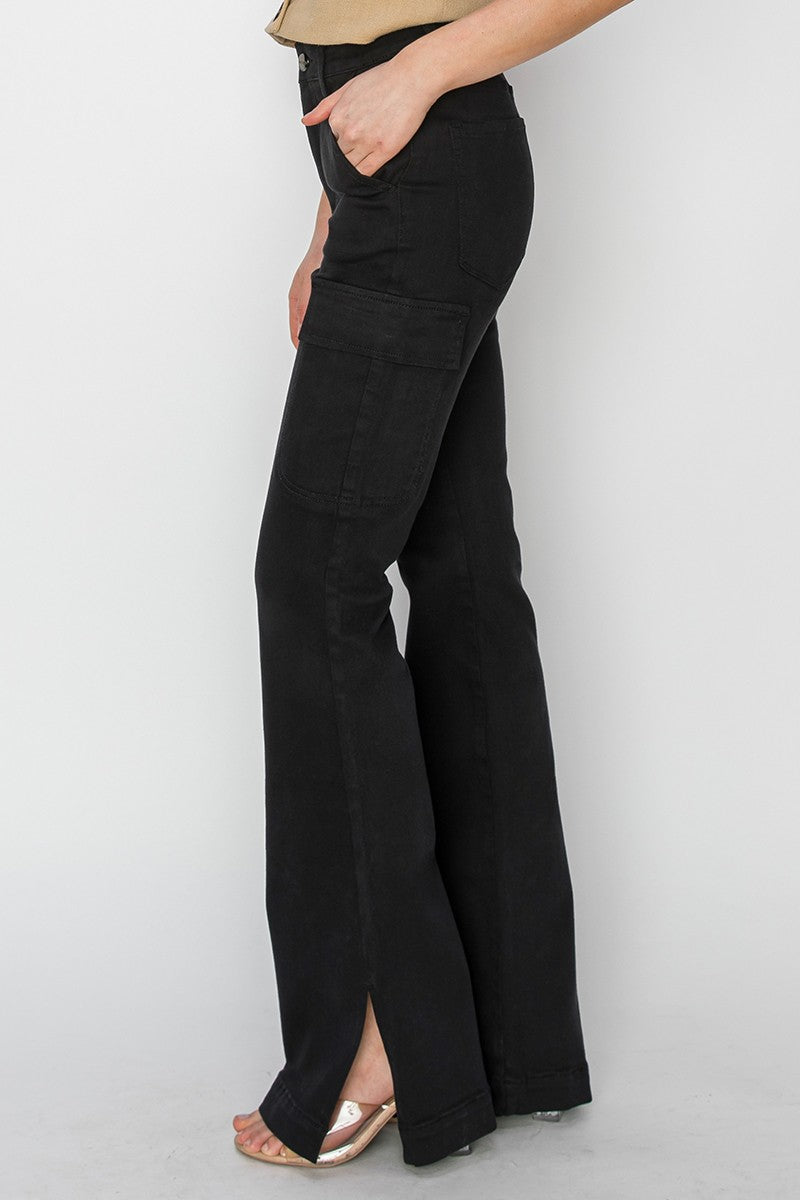 Risen High Rise Black Cargo Split Hem Boot Cut Denim