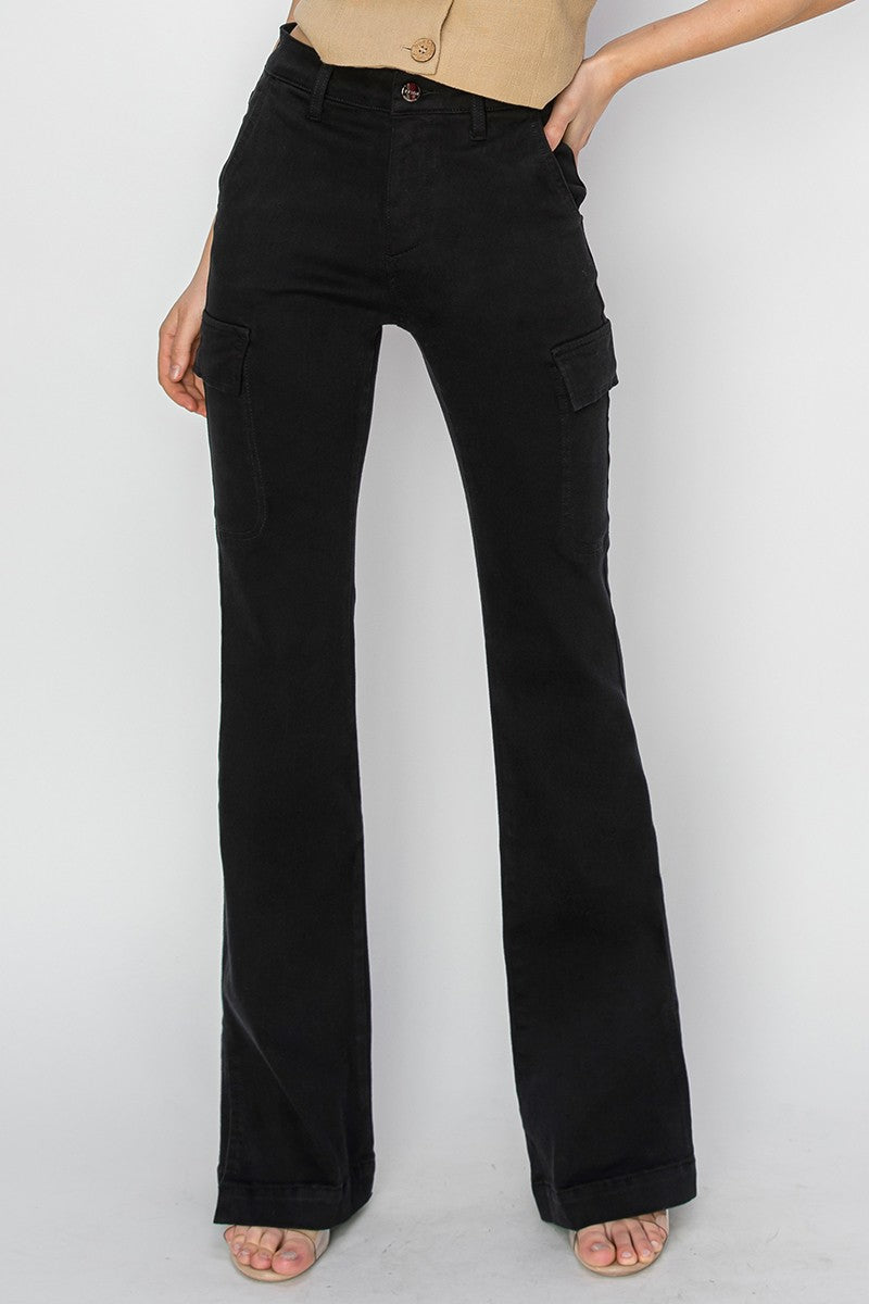 Risen High Rise Black Cargo Split Hem Boot Cut Denim