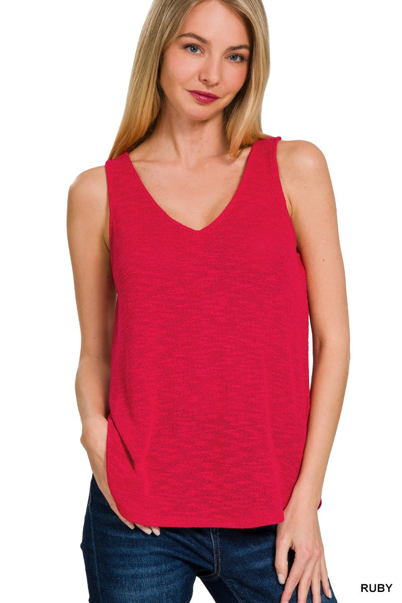 Red V-Neck Hacci Tank Top