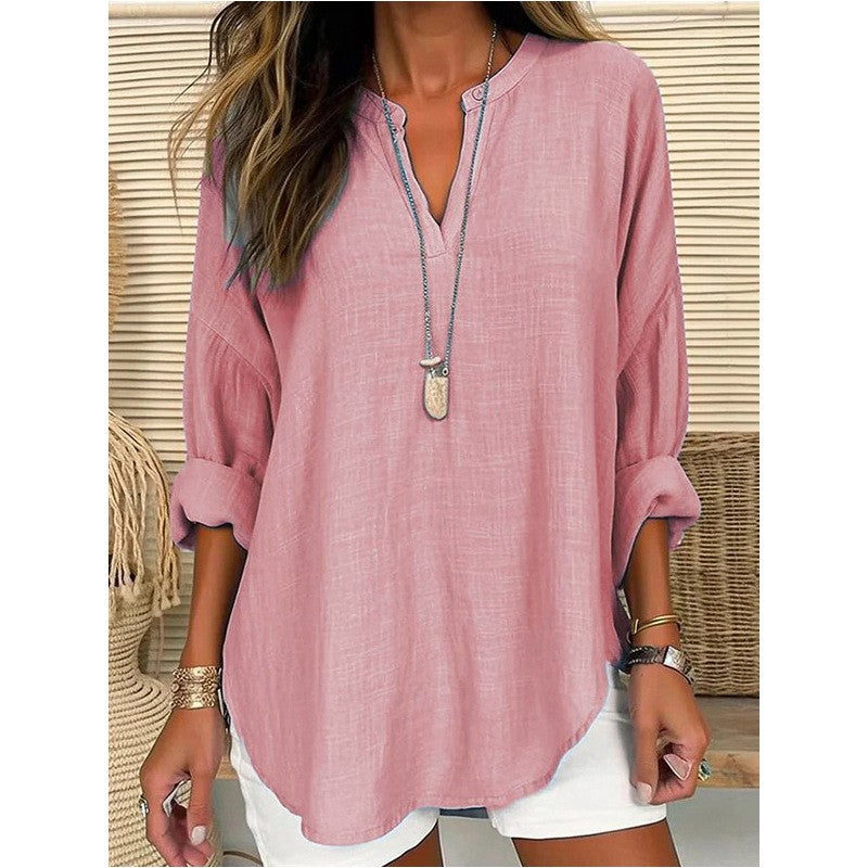 Pink Linen Blouse V-Neck Top