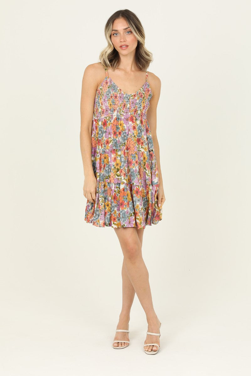 Bold Floral Smocked V-Neck Dress