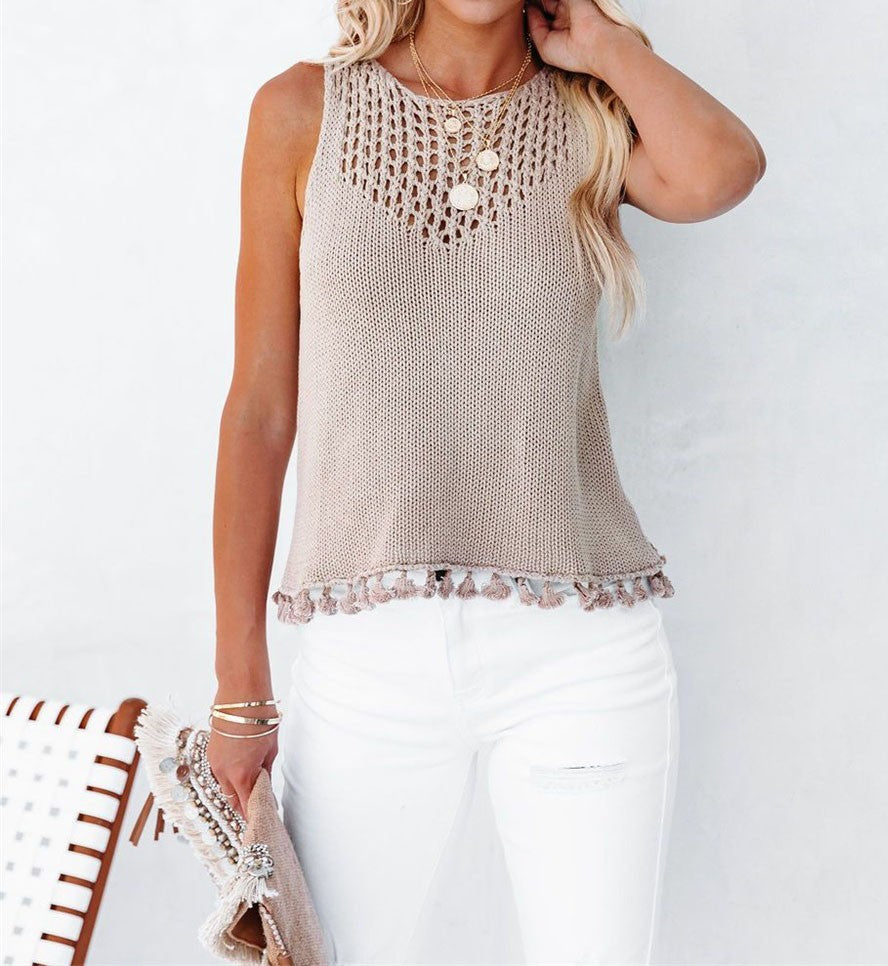 Tan Crochet Tassel Knit Tank