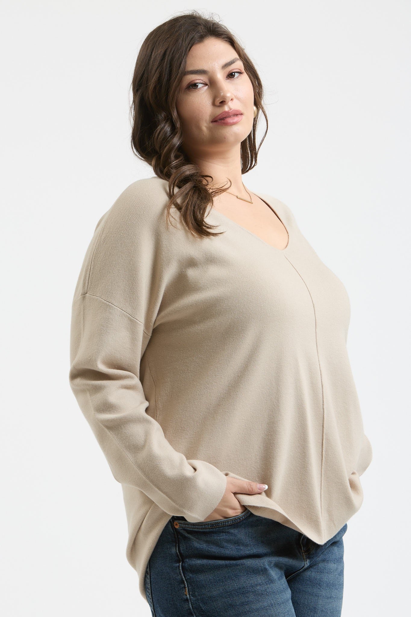 Oatmeal V-Neck Front Seam Sweater