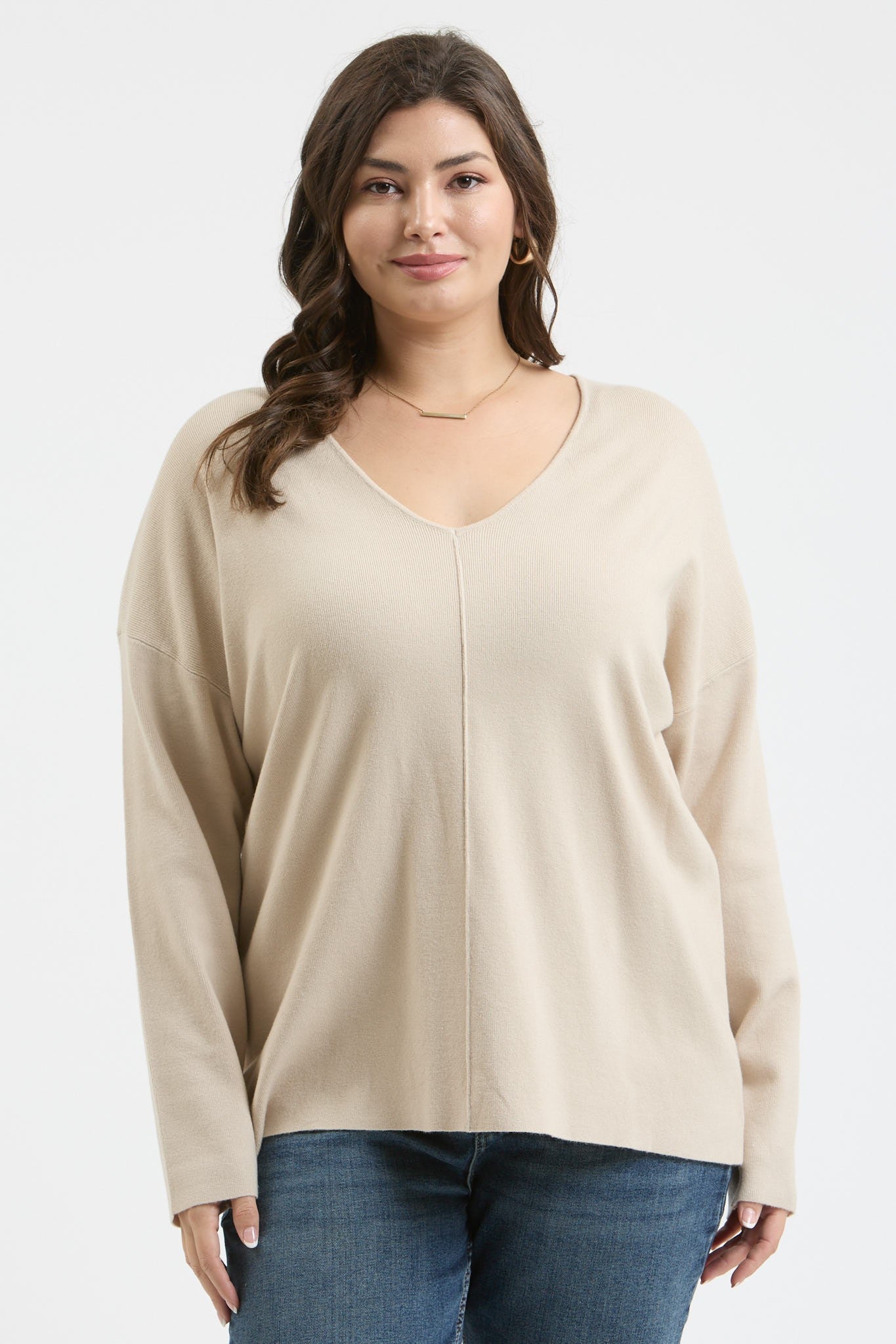 Oatmeal V-Neck Front Seam Sweater