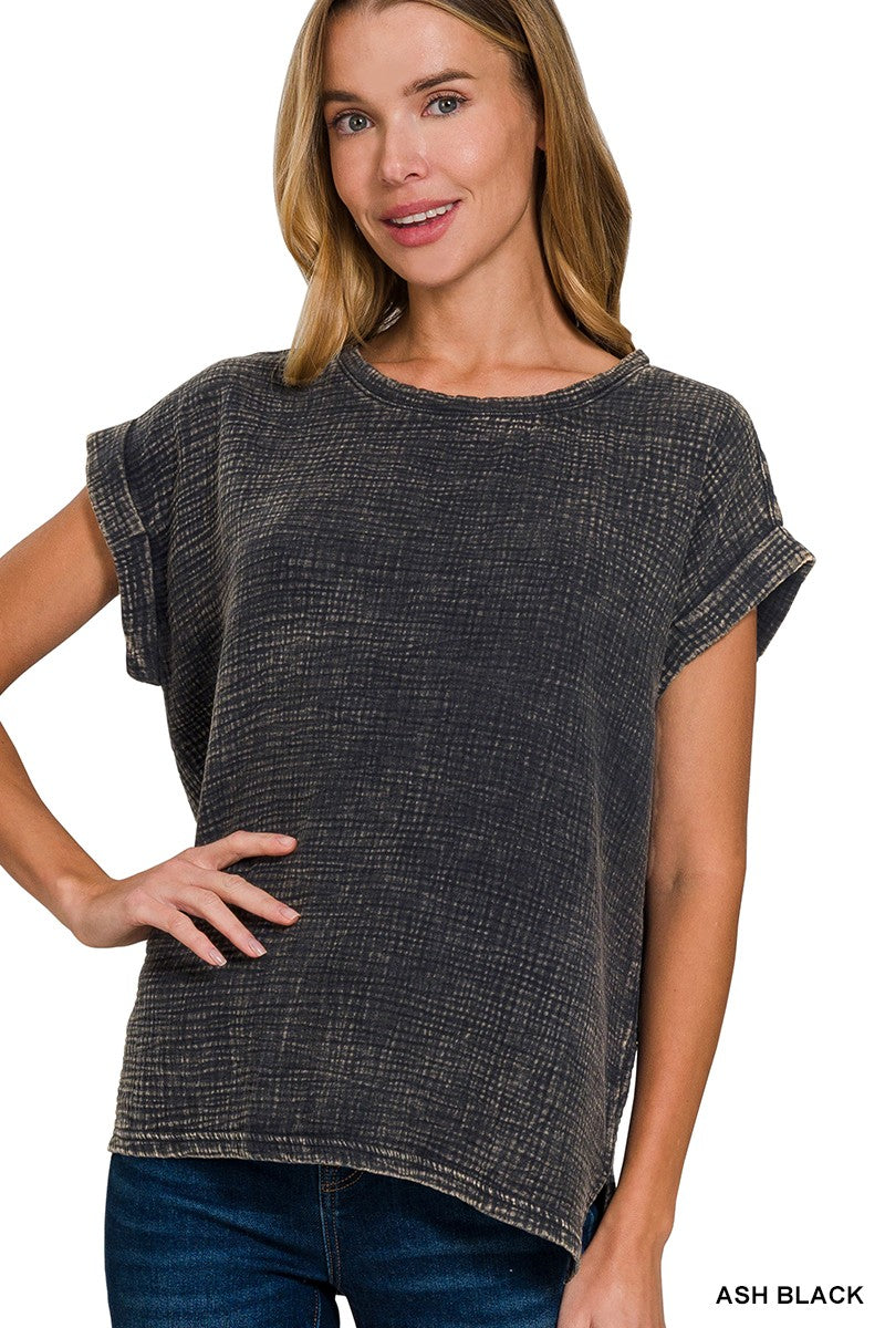 Ash Black Woven Gauze Short Sleeve Top