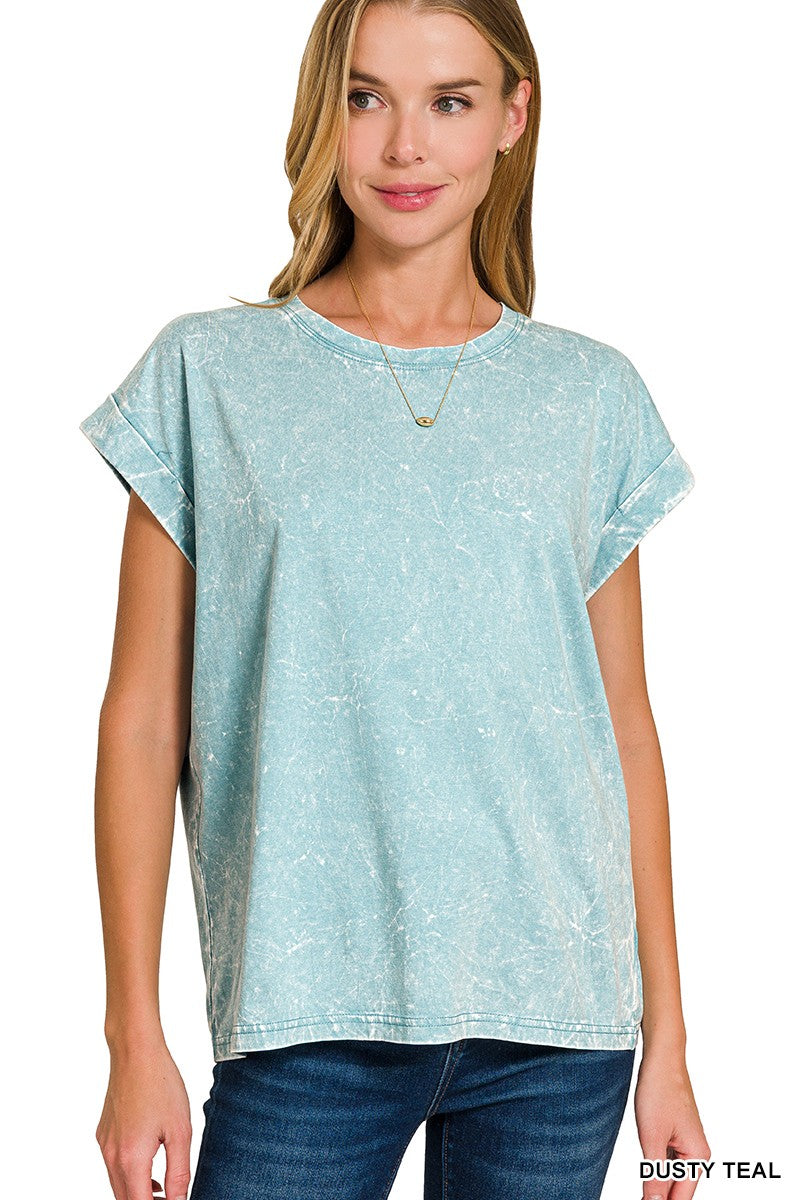 Dusty Teal Acid Wash Short Sleeve Top