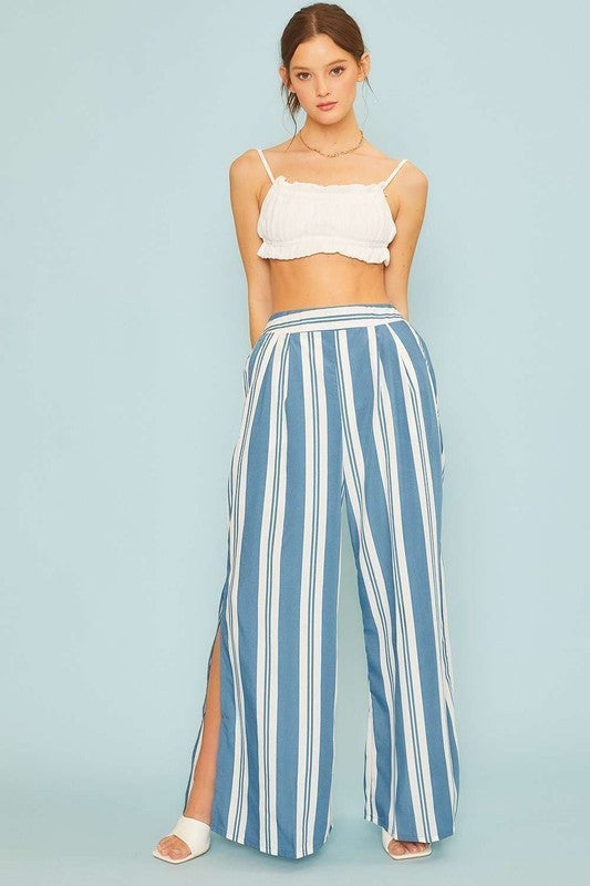 Blue and White Stripe Wide Leg Pants