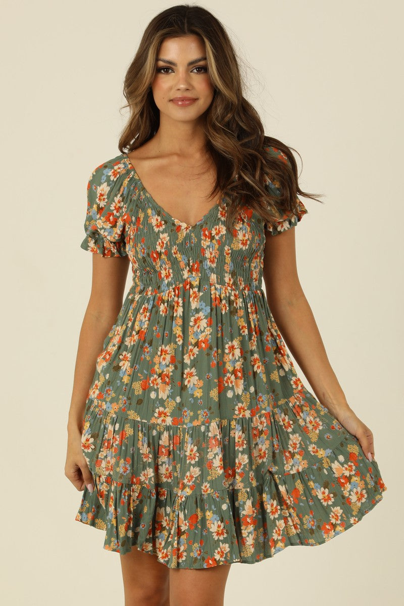 Olive Smocked Bodice Short Sleeve Dress