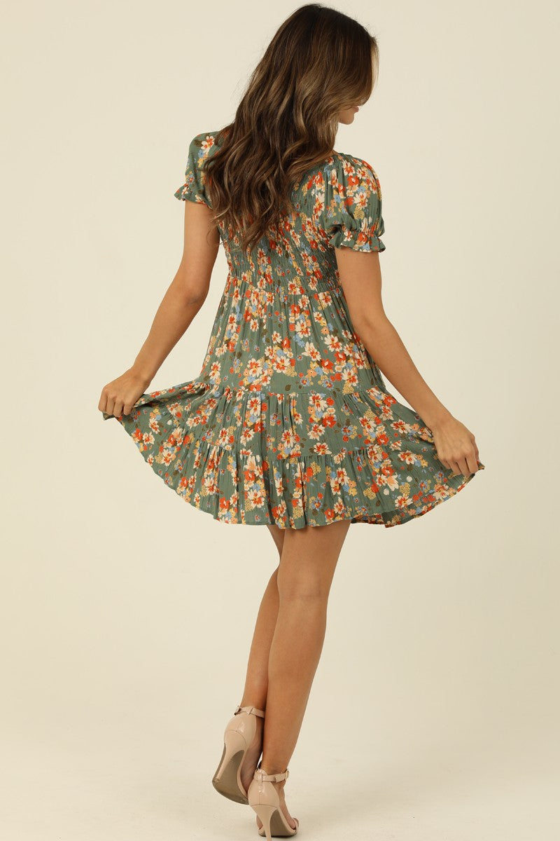 Olive Smocked Bodice Short Sleeve Dress