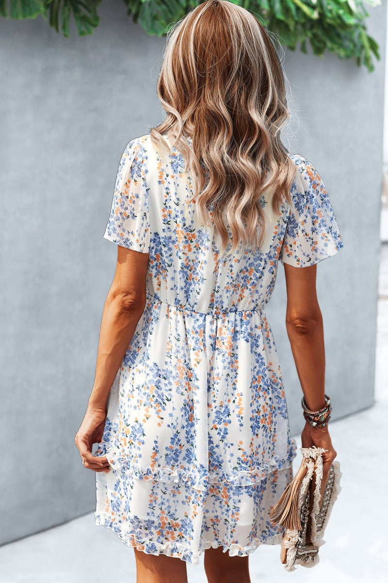 White with Blue Floral Midi Dress