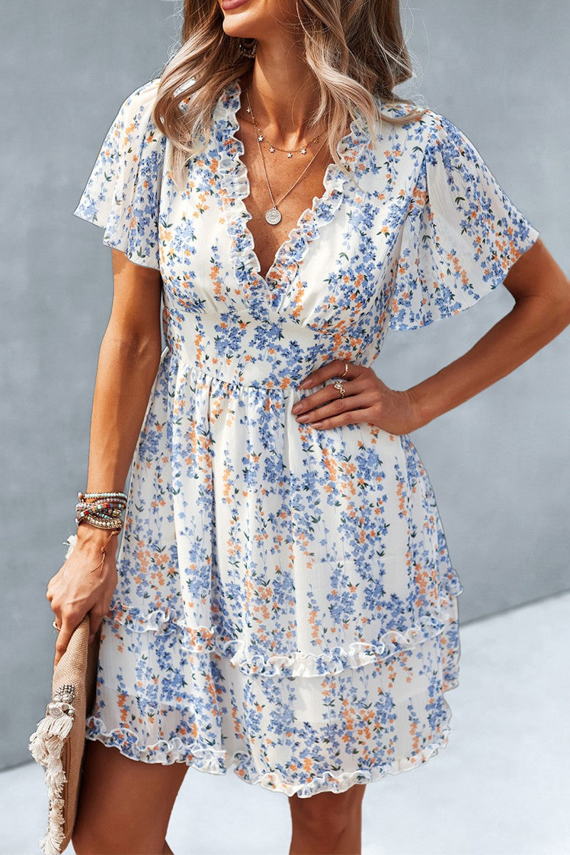 White with Blue Floral Midi Dress