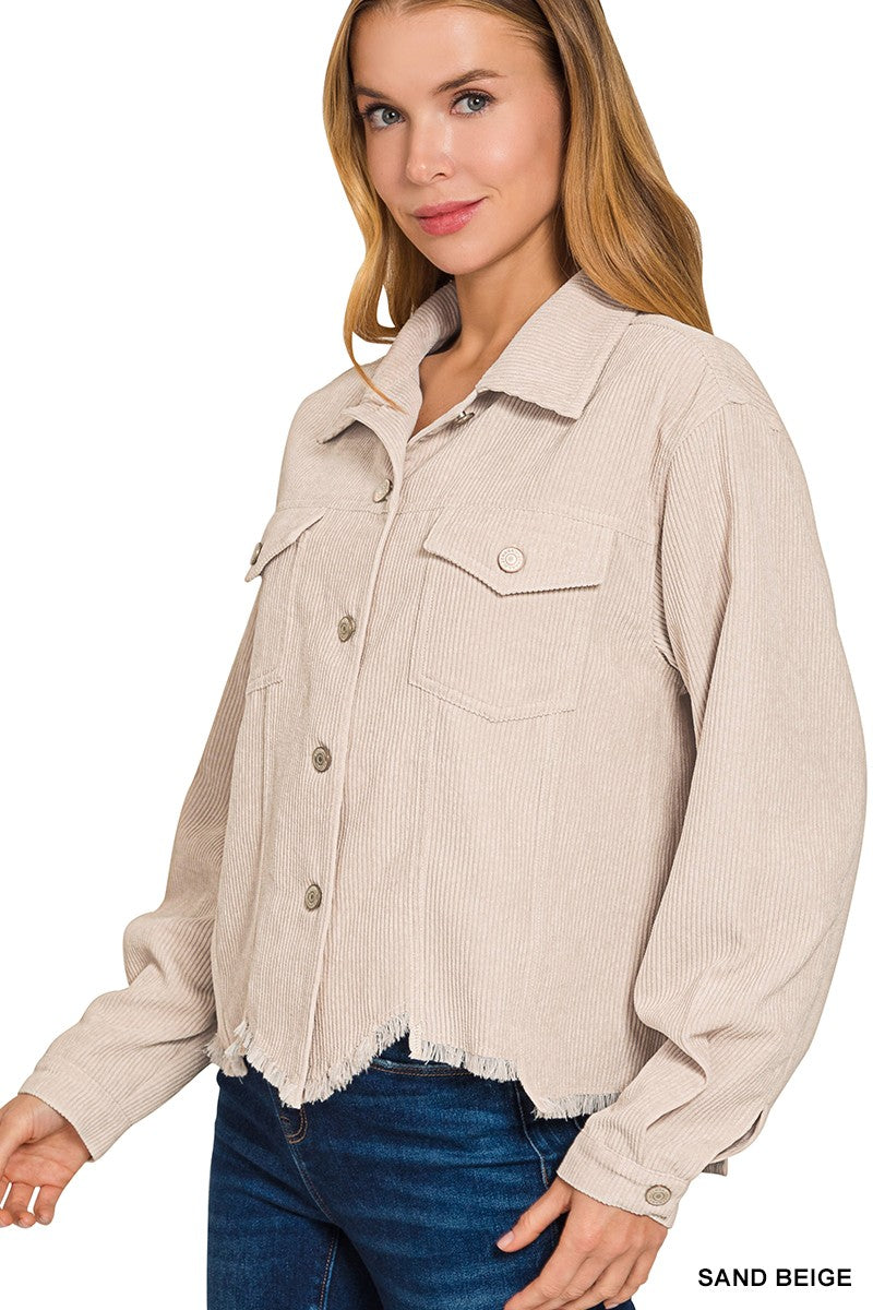 Beige Corduroy Frayed Cropped Jacket