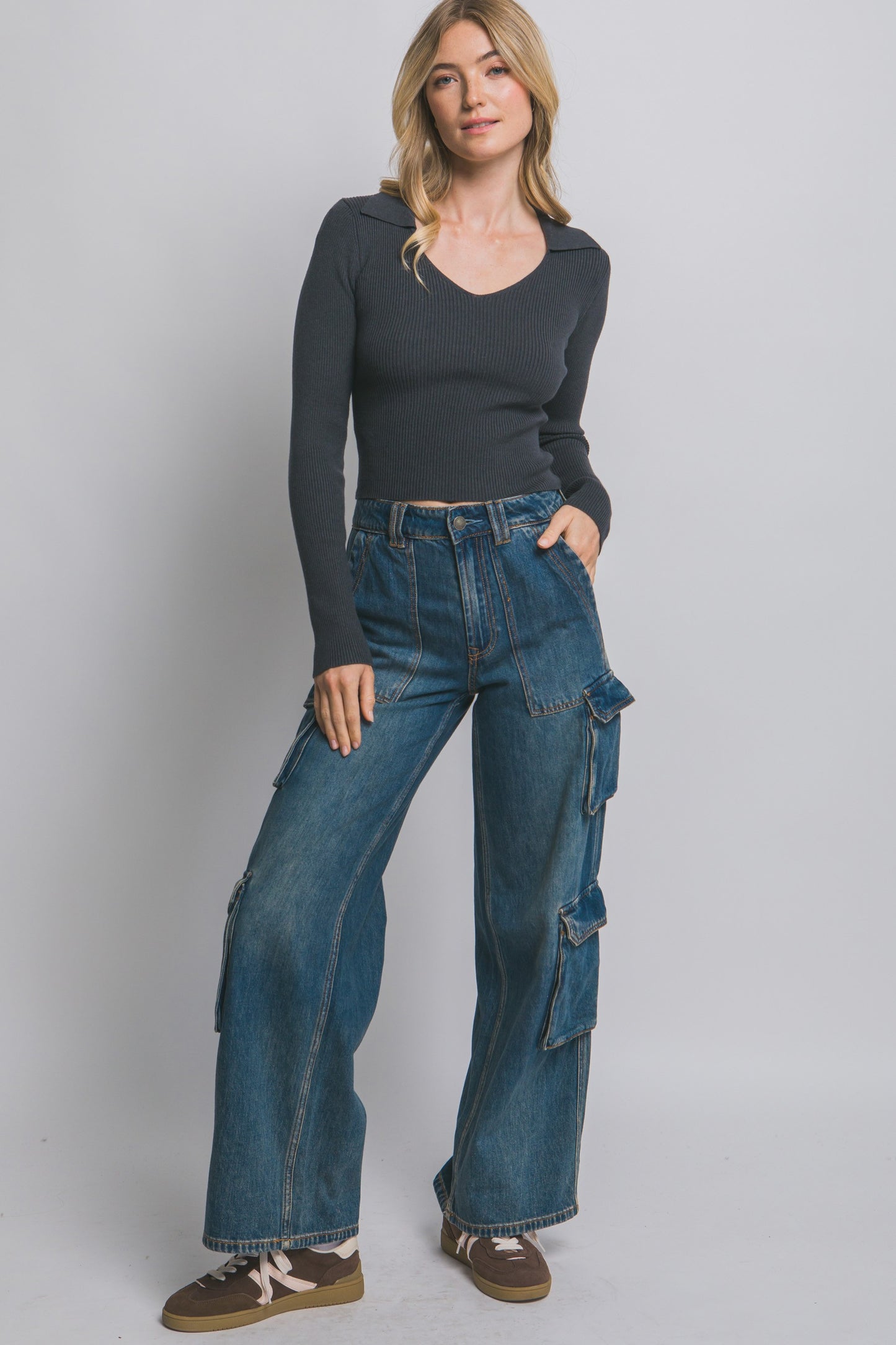 Charcoal Ribbed Collared Top