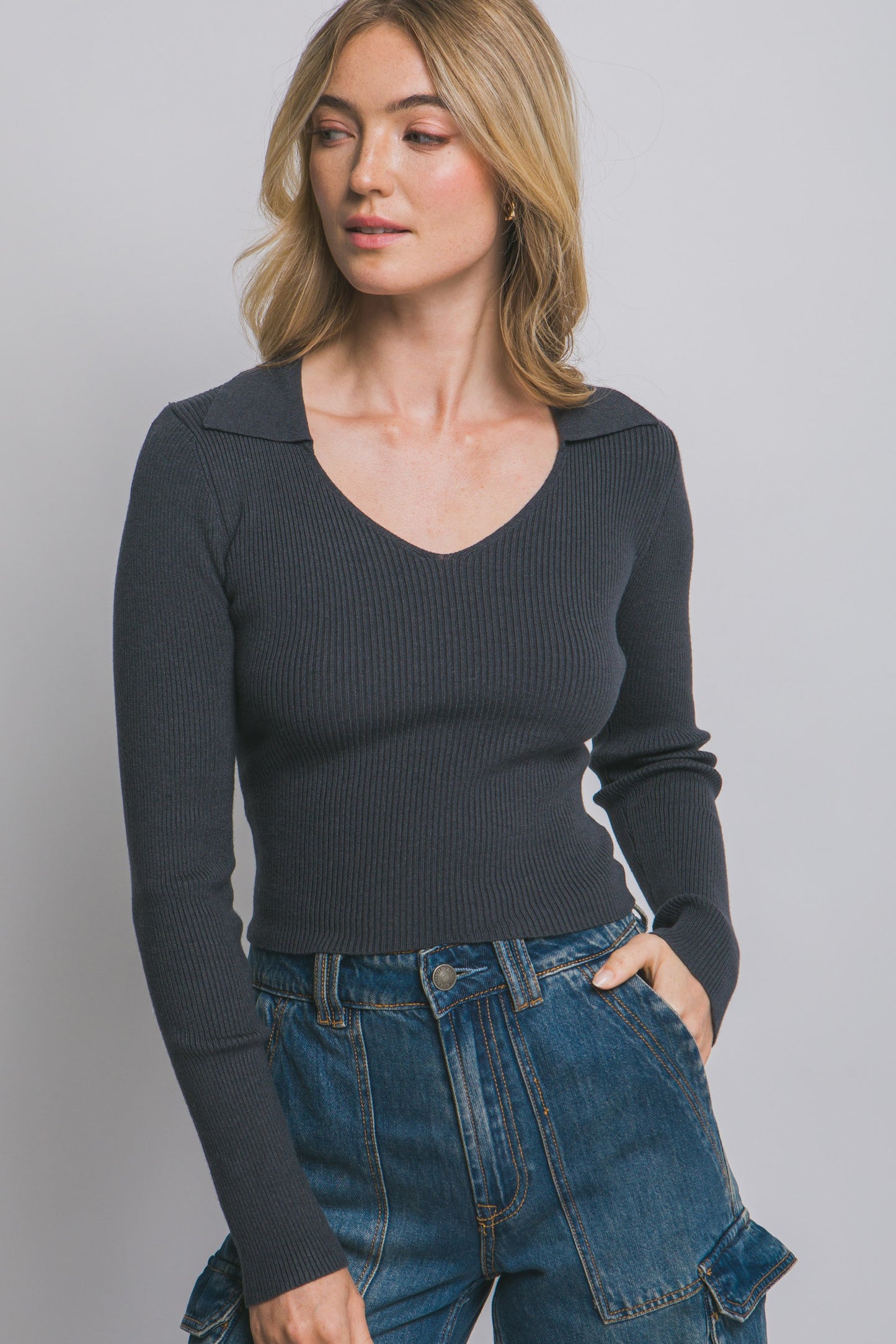 Charcoal Ribbed Collared Top