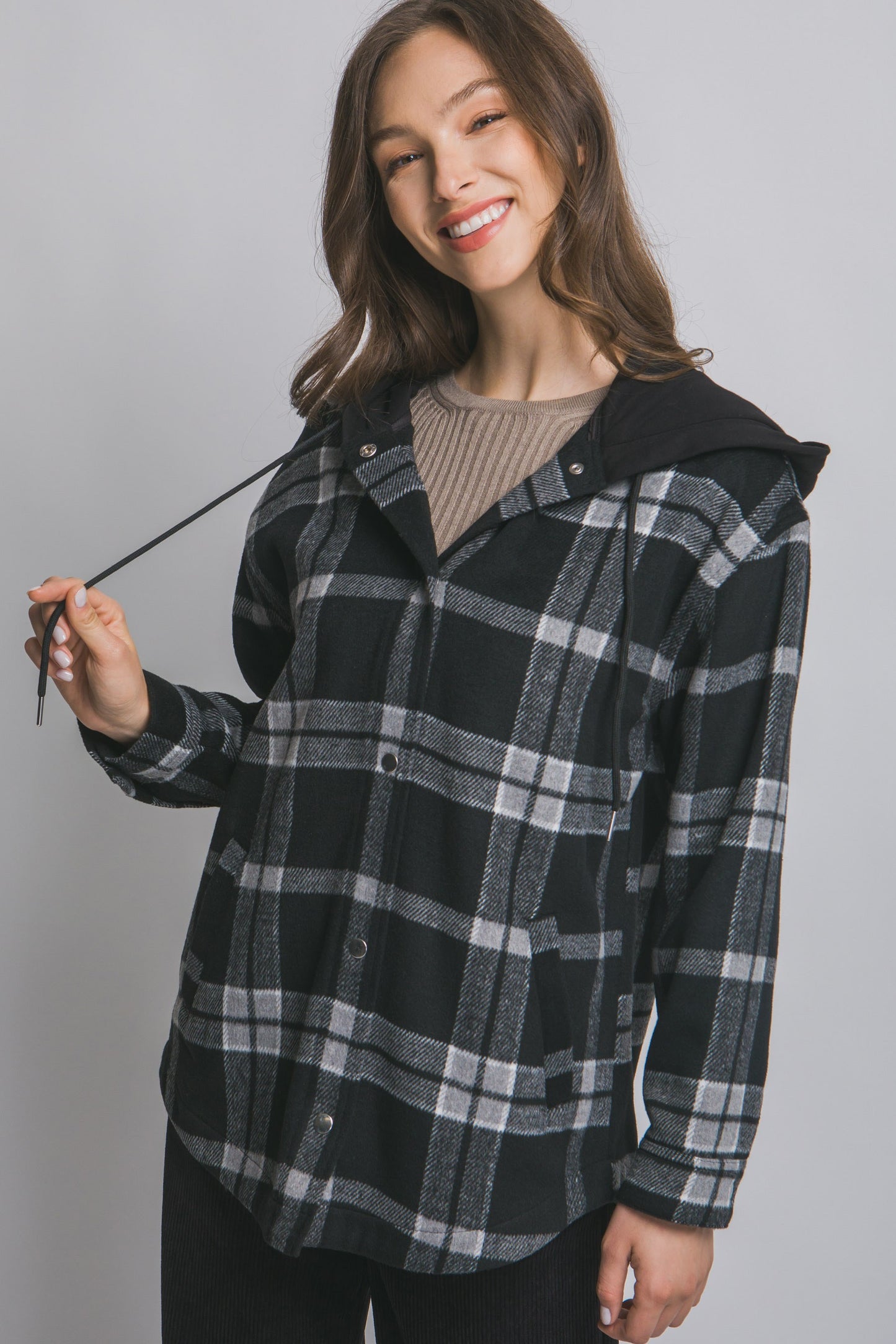 Black Plaid Button Up Hooded Shacket