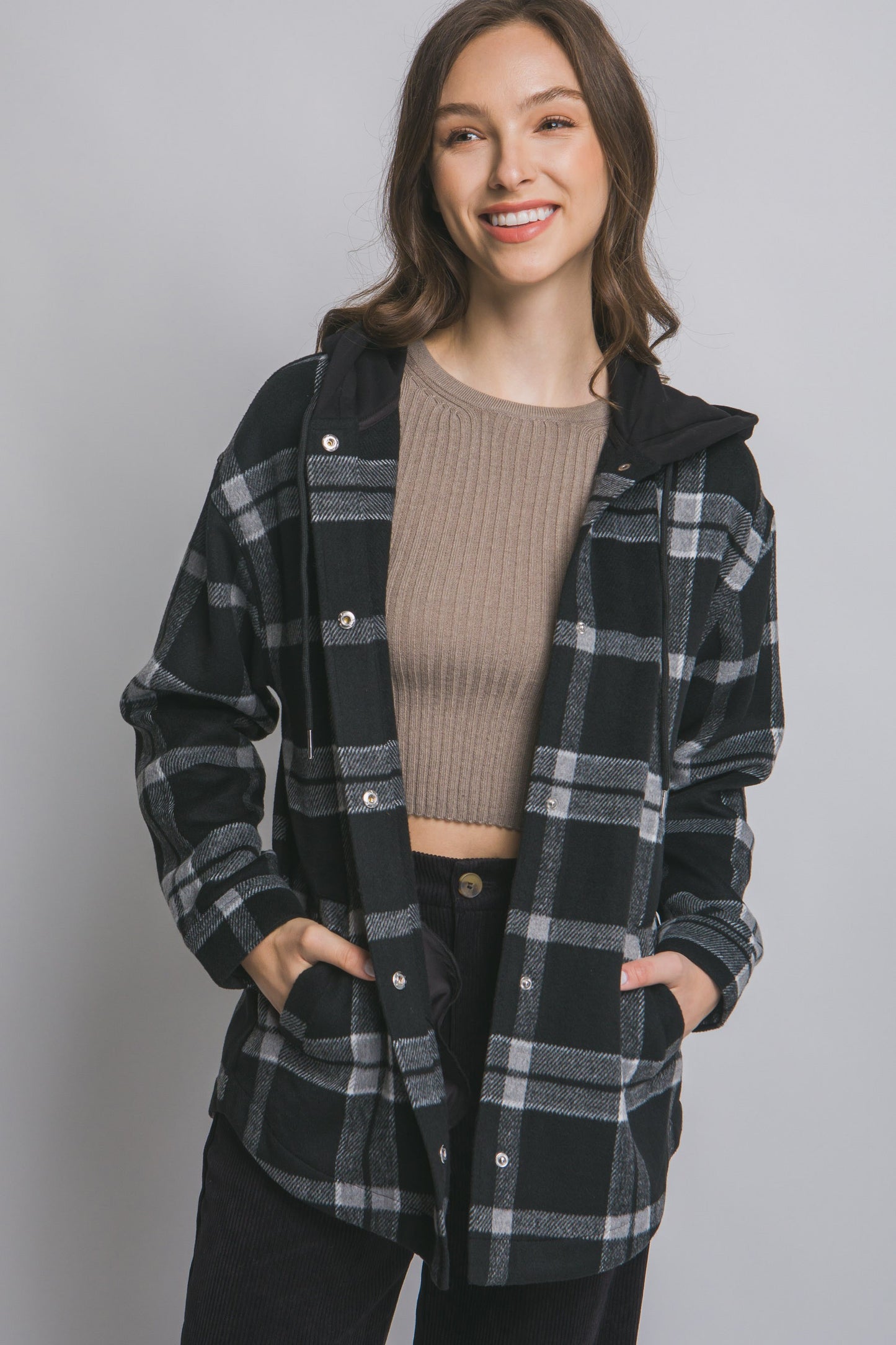 Black Plaid Button Up Hooded Shacket
