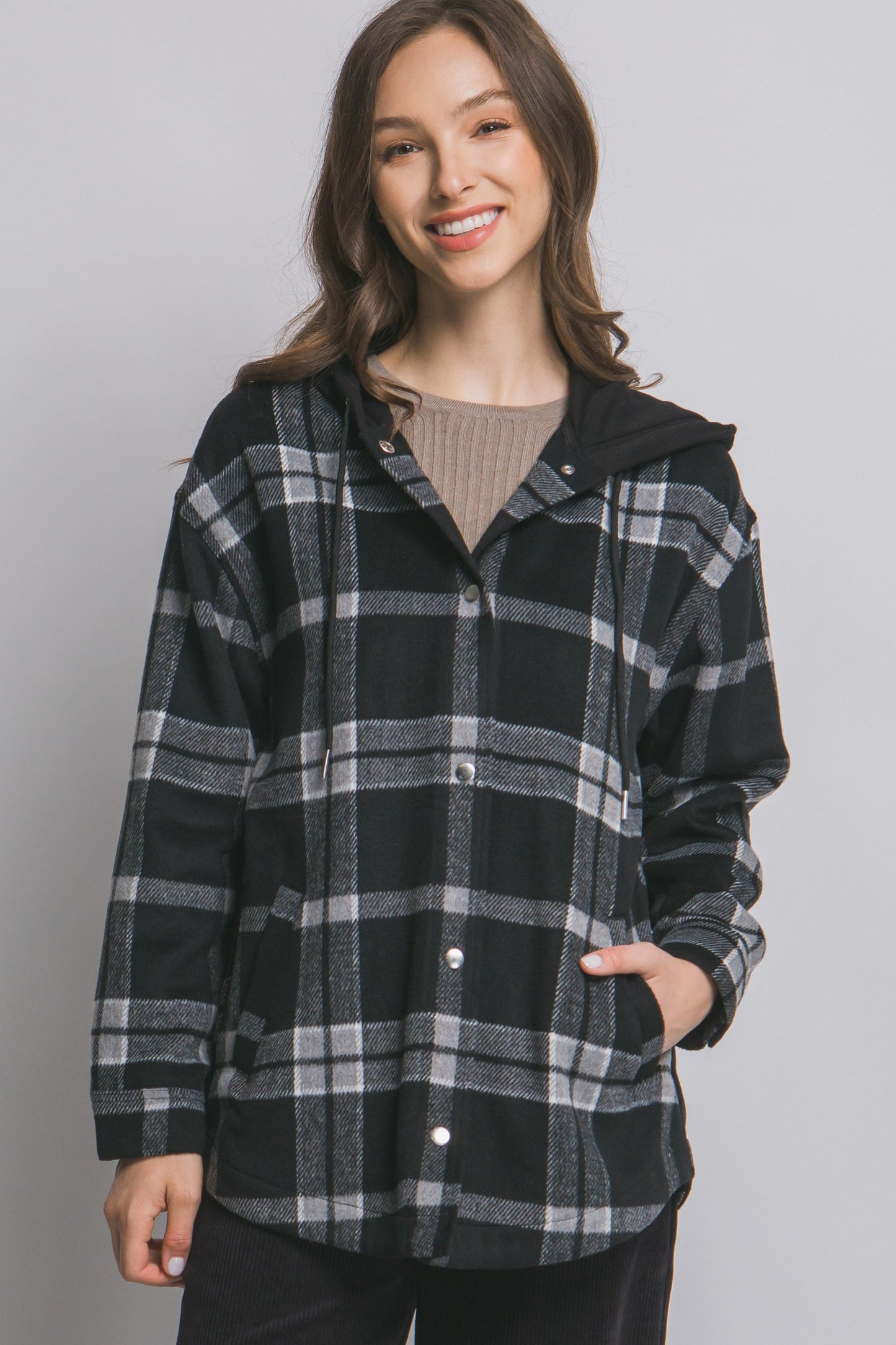 Black Plaid Button Up Hooded Shacket