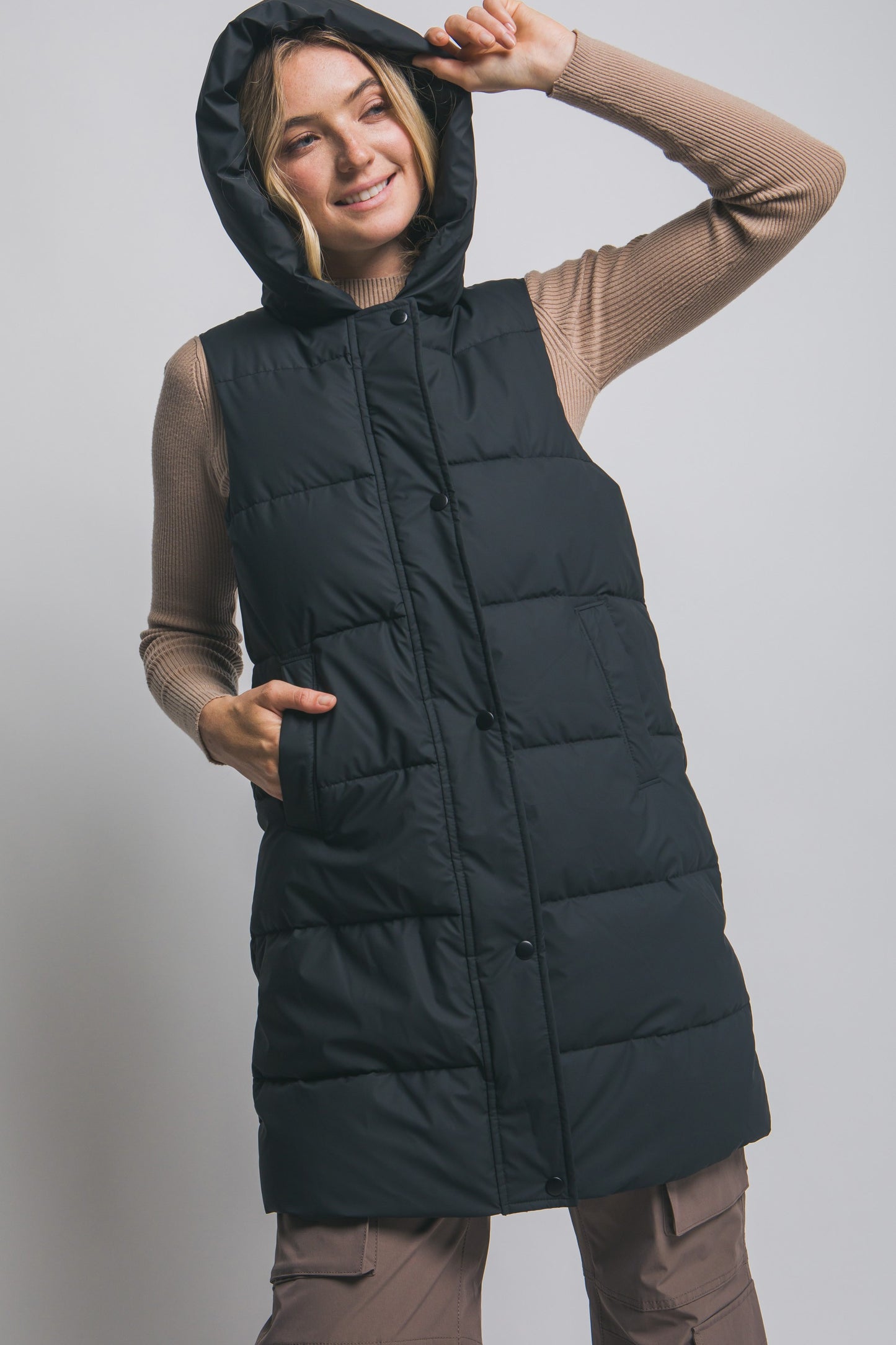 Hooded Black Puffer Quilted Hooded Vest