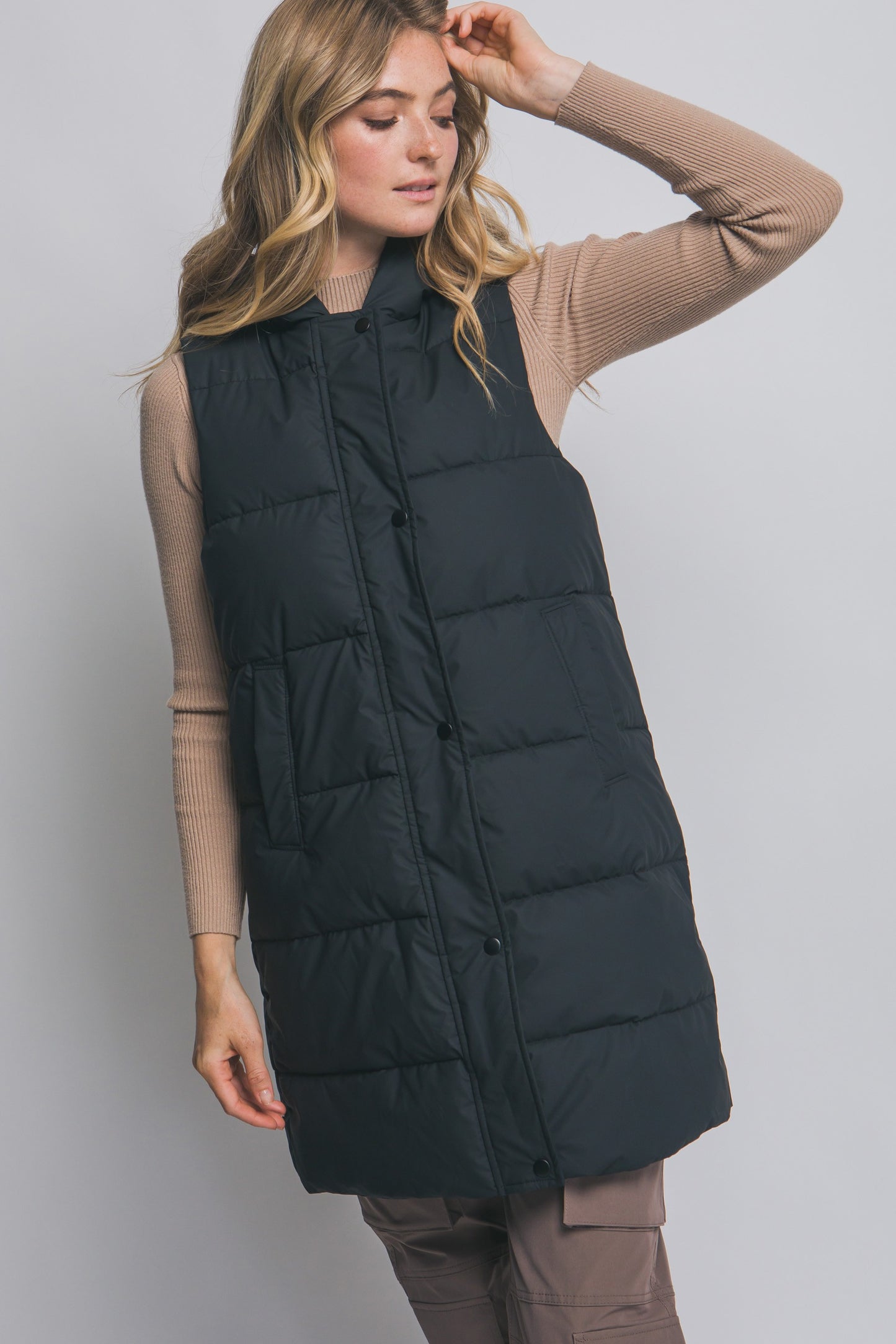 Hooded Black Puffer Quilted Hooded Vest
