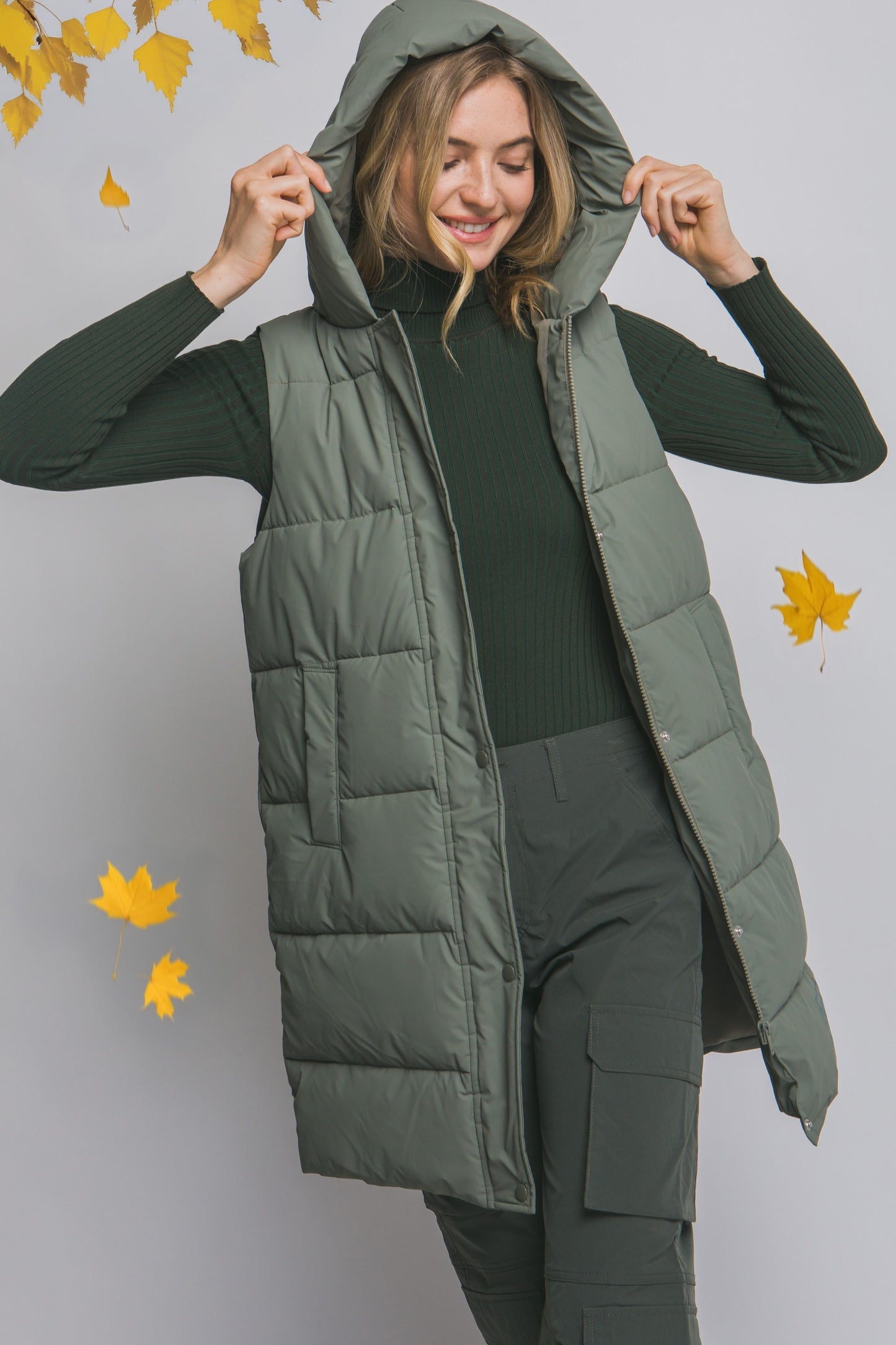 Hooded Olive Puffer Quilted Hooded Vest