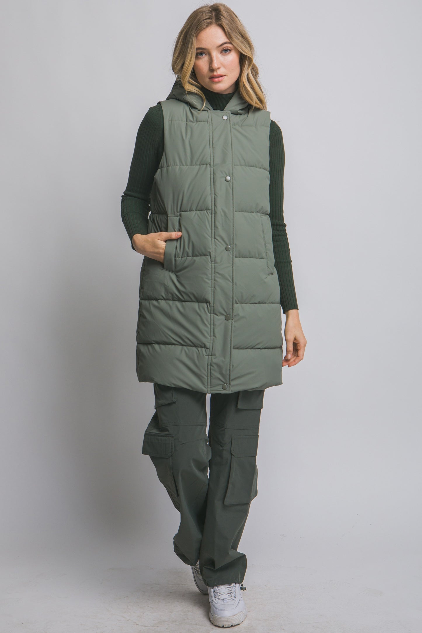 Hooded Olive Puffer Quilted Hooded Vest