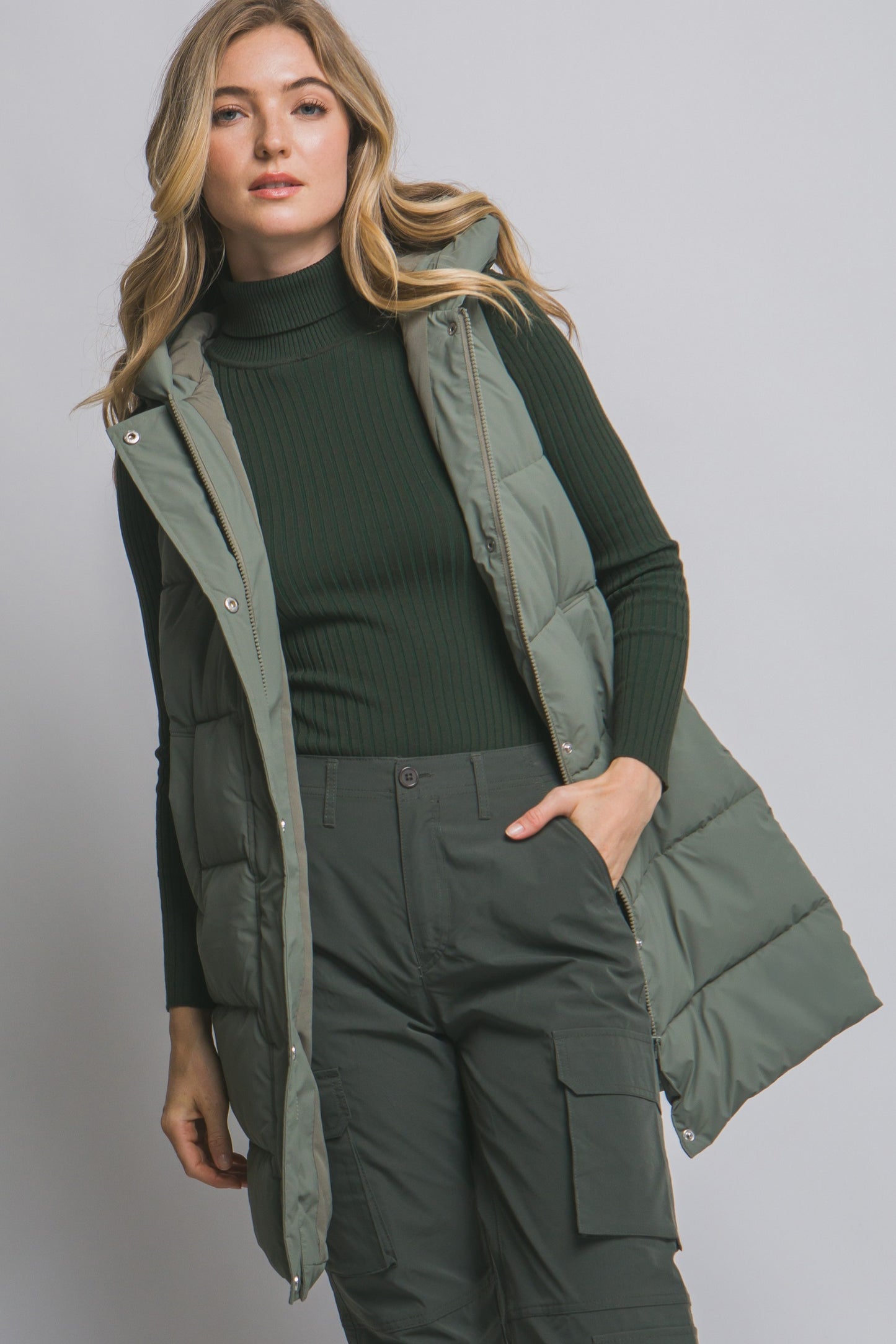Hooded Olive Puffer Quilted Hooded Vest