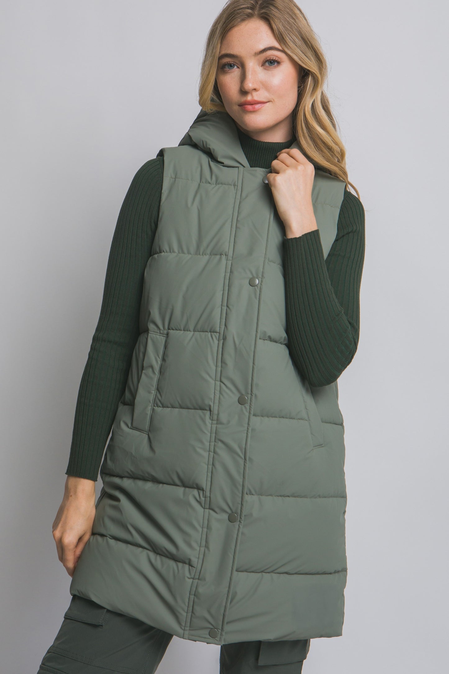 Hooded Olive Puffer Quilted Hooded Vest