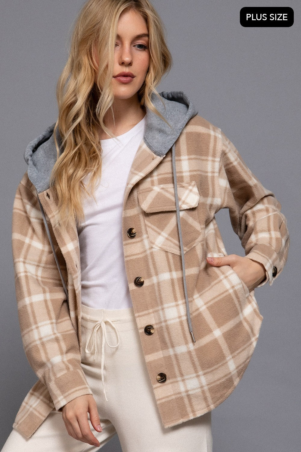 Mocha/Ivory Plaid Button Up Hooded Shacket