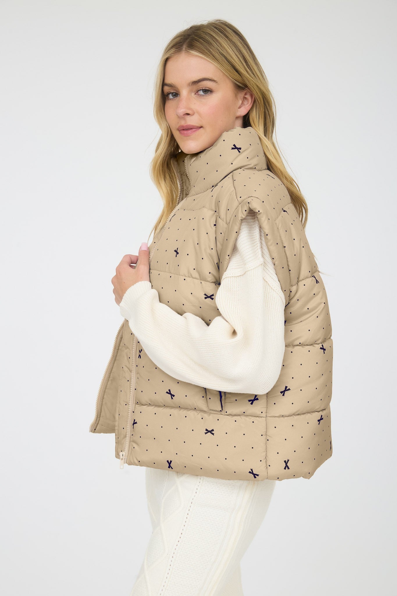 Mini Bow Print Tan Puffer Vest