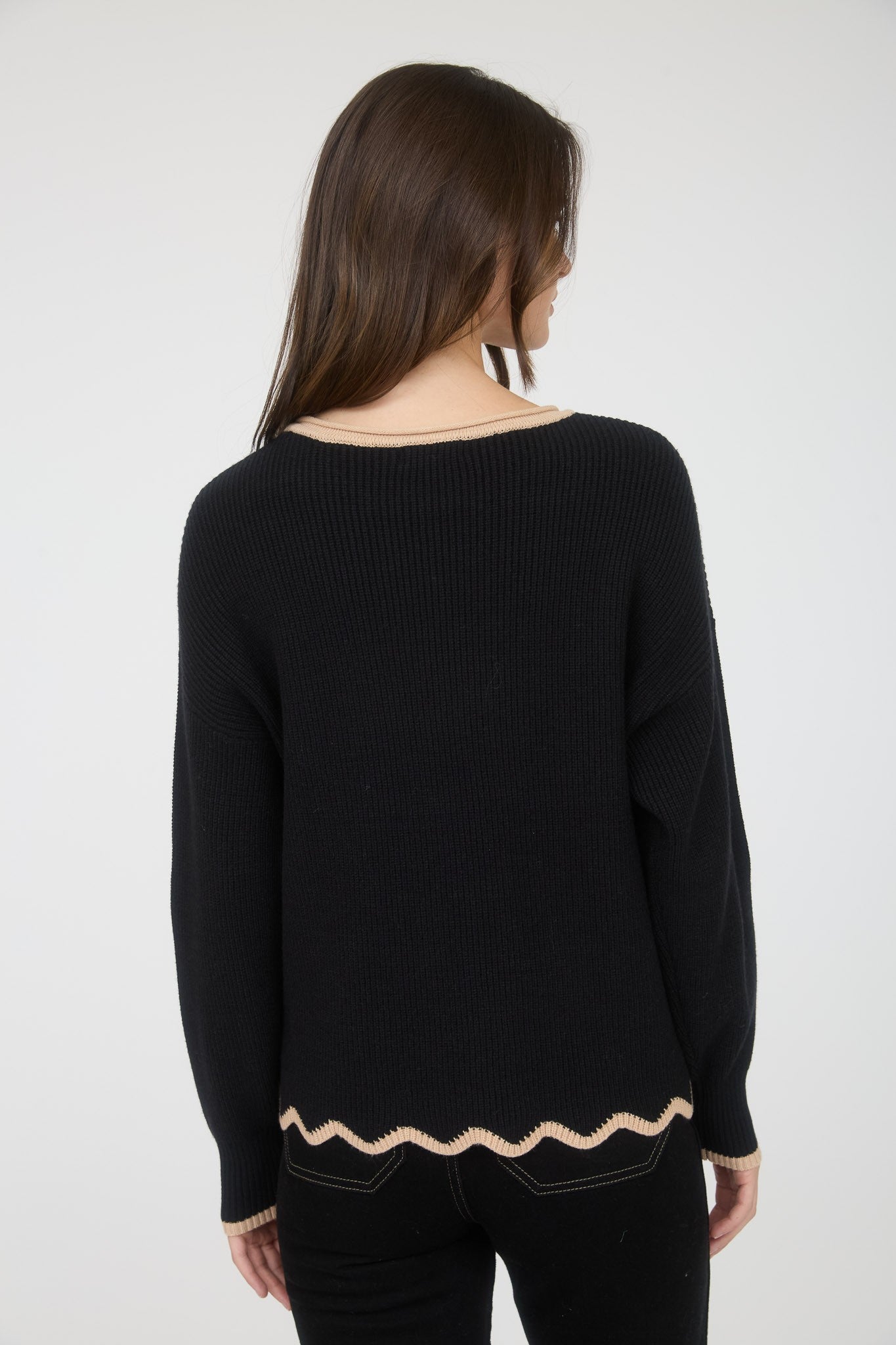 Black with Taupe Scallop Trim Top