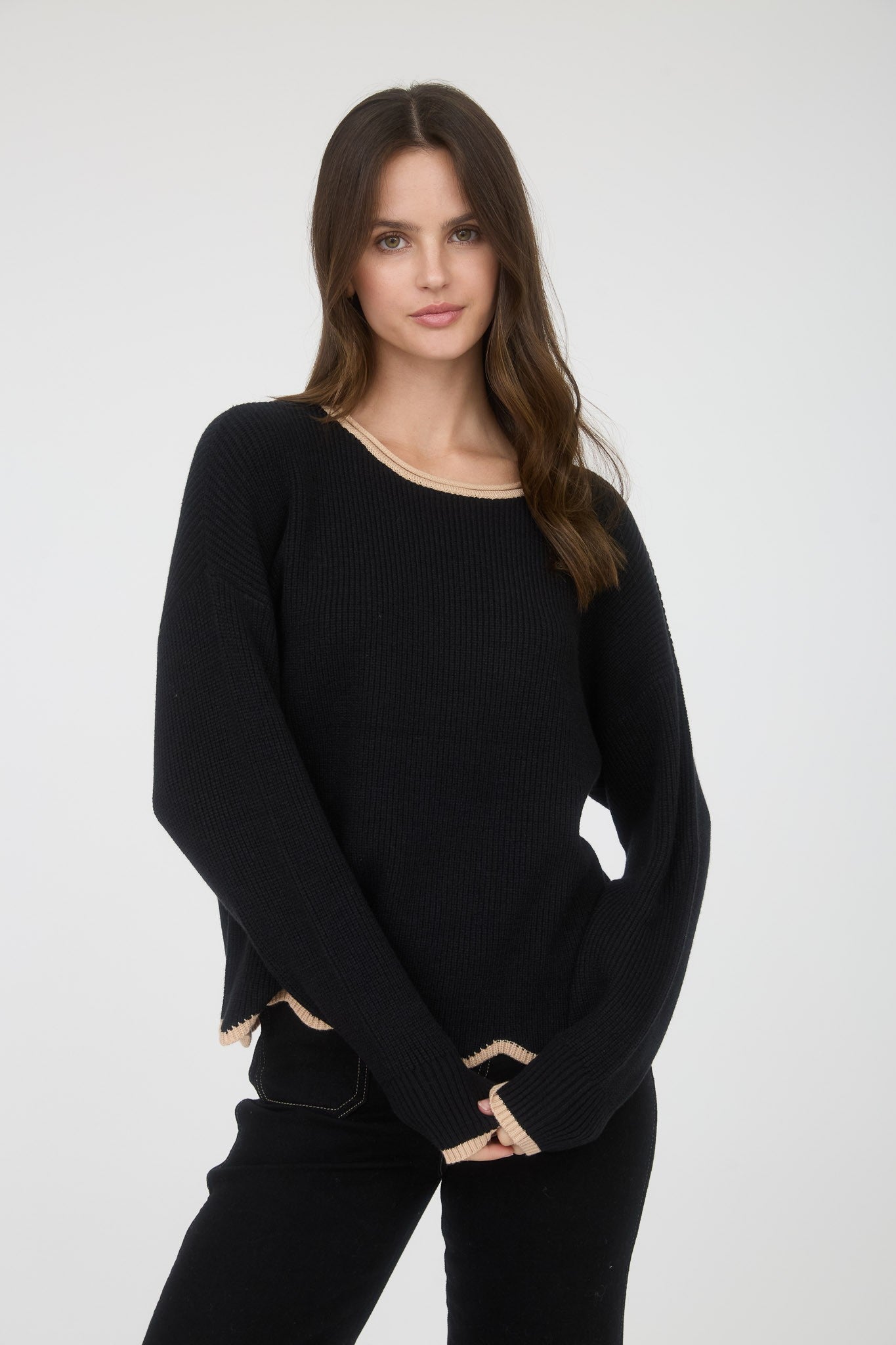 Black with Taupe Scallop Trim Top