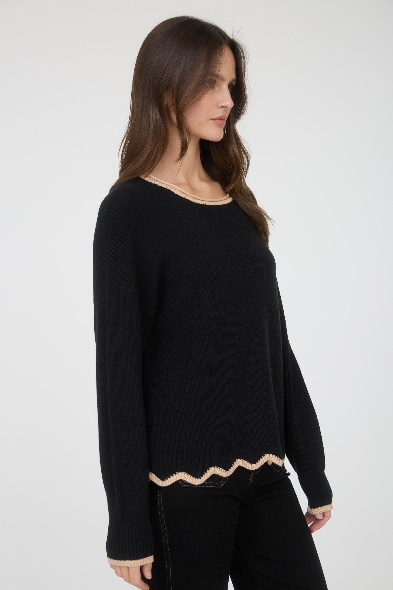 Black with Taupe Scallop Trim Top