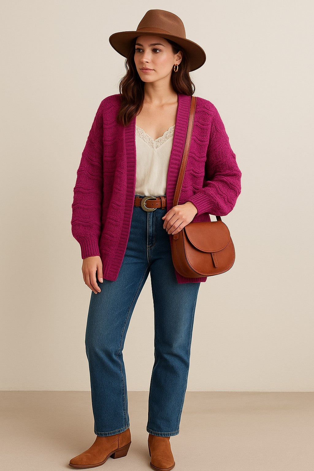 Magenta Textured Knit Cardigan