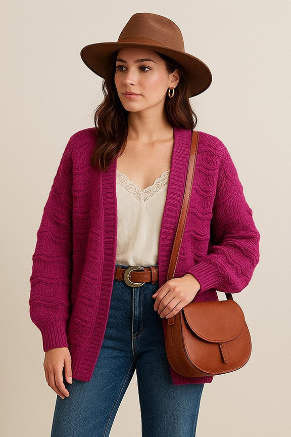 Magenta Textured Knit Cardigan