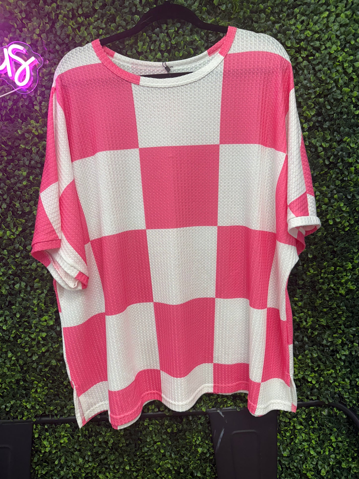 Hot Pink Checkered Waffle Knit Top