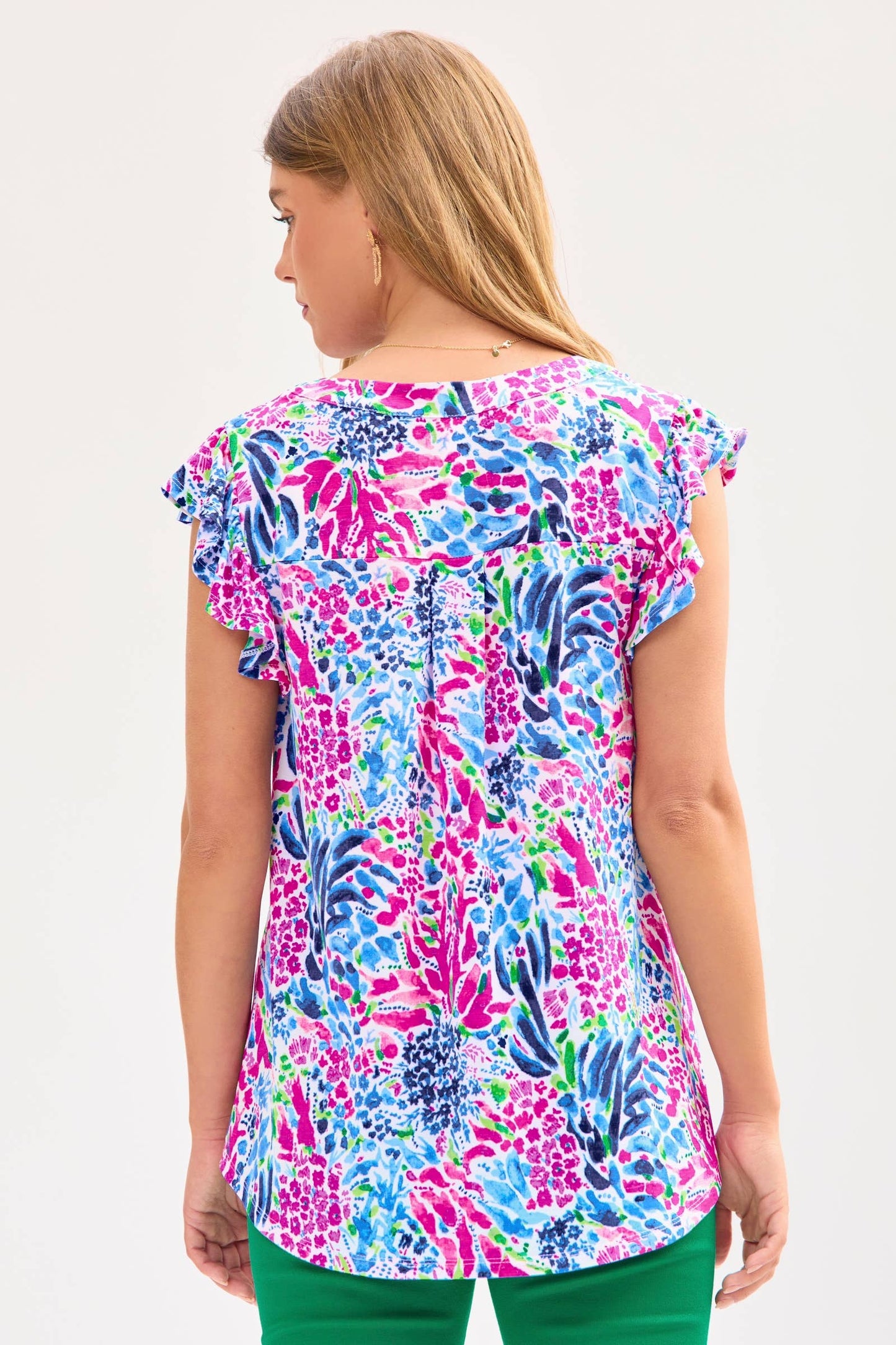 Navy and Pink Floral Ruffle Sleeve Tank Top