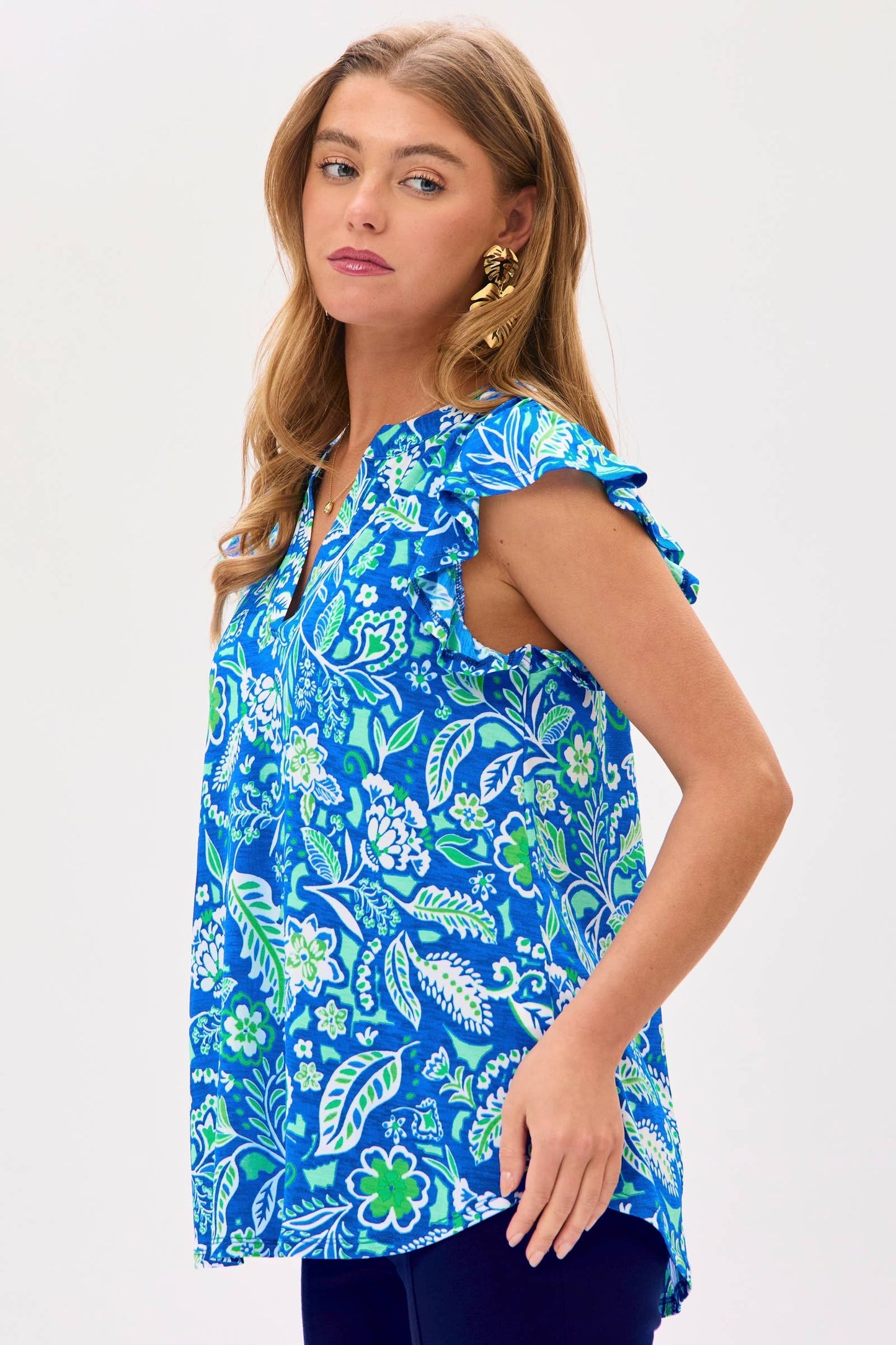 Blue/Green Ruffle Flutter Short Sleeve Top