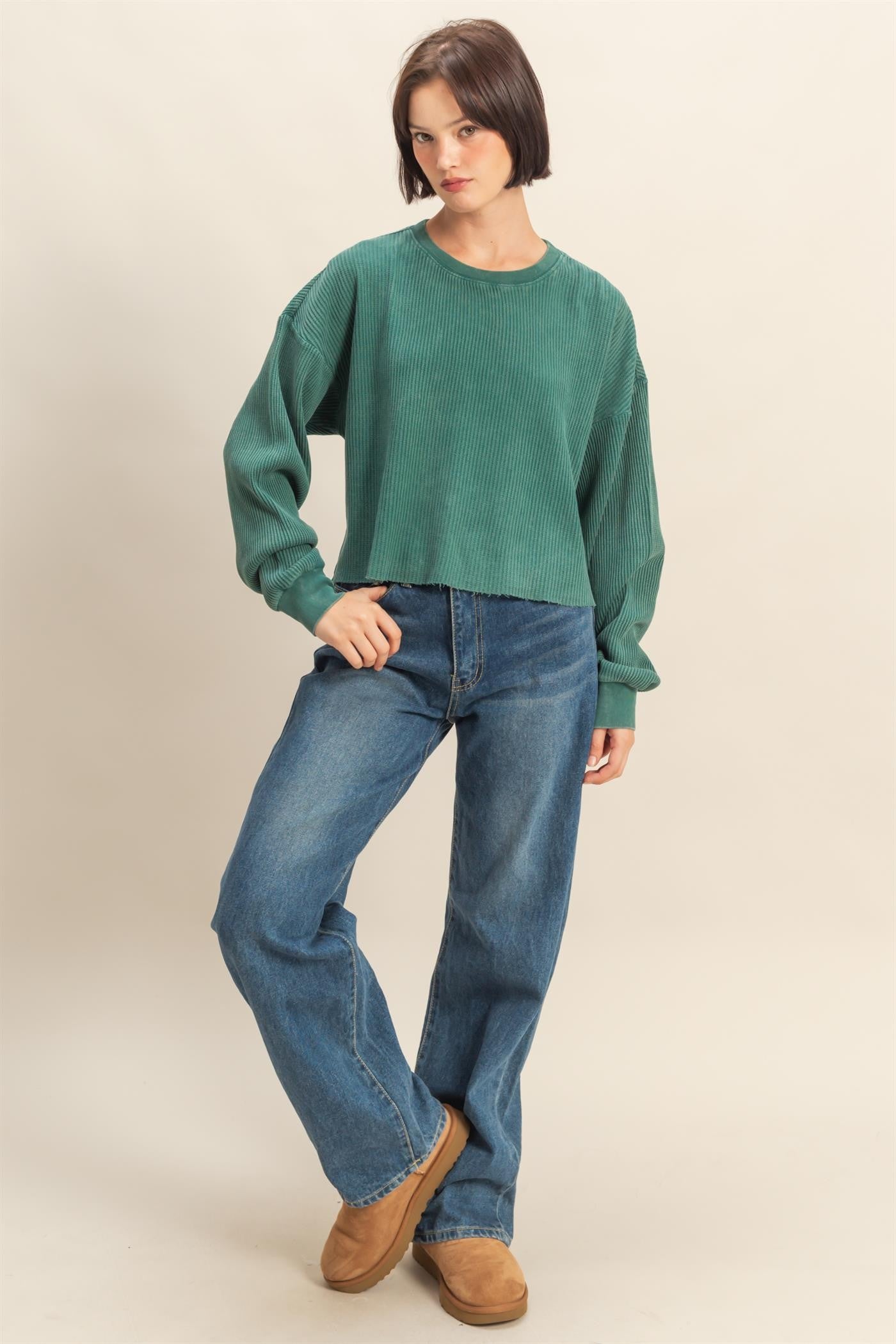 Green Mineral Washed Ribbed Top