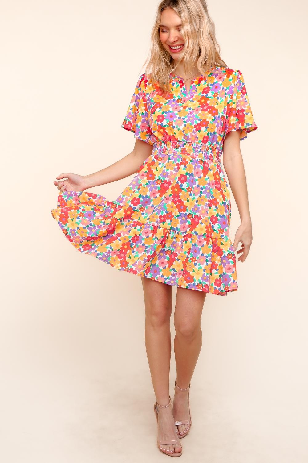 Bold Floral Smocked Waist Dress